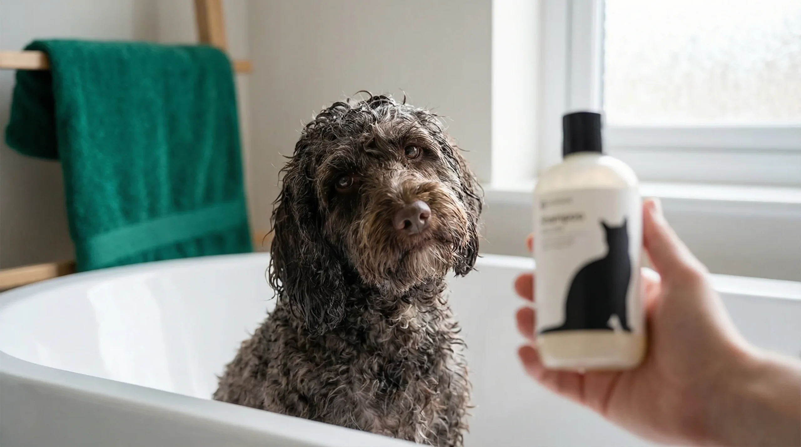 Can I use cat shampoo on my dog? Dog sitting in a bath while owner holds cat shampoo bottle
