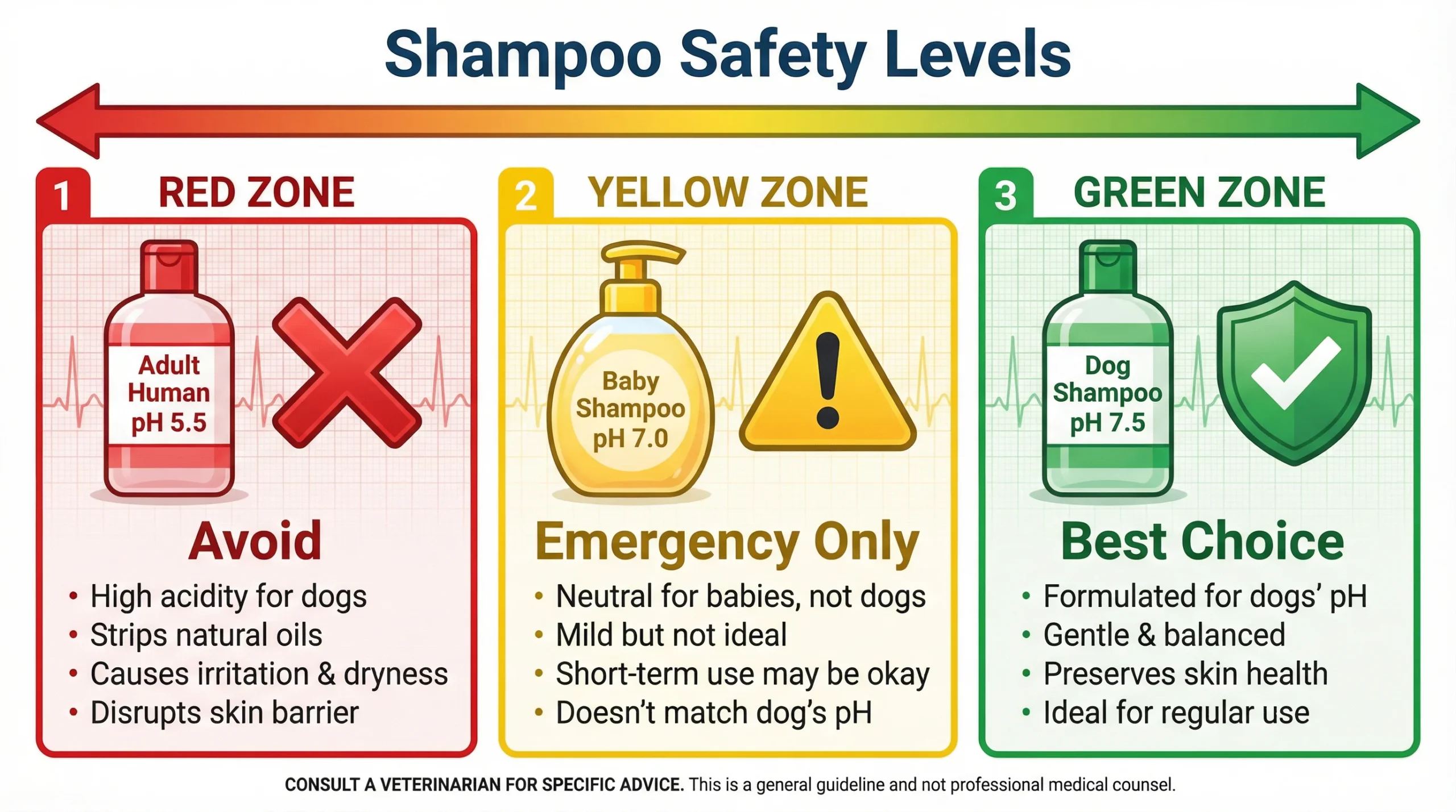 Can you use baby shampoo on dogs? Infographic showing shampoo safety levels for dogs, comparing adult human shampoo, baby shampoo, and dog shampoo by pH and skin safety.
