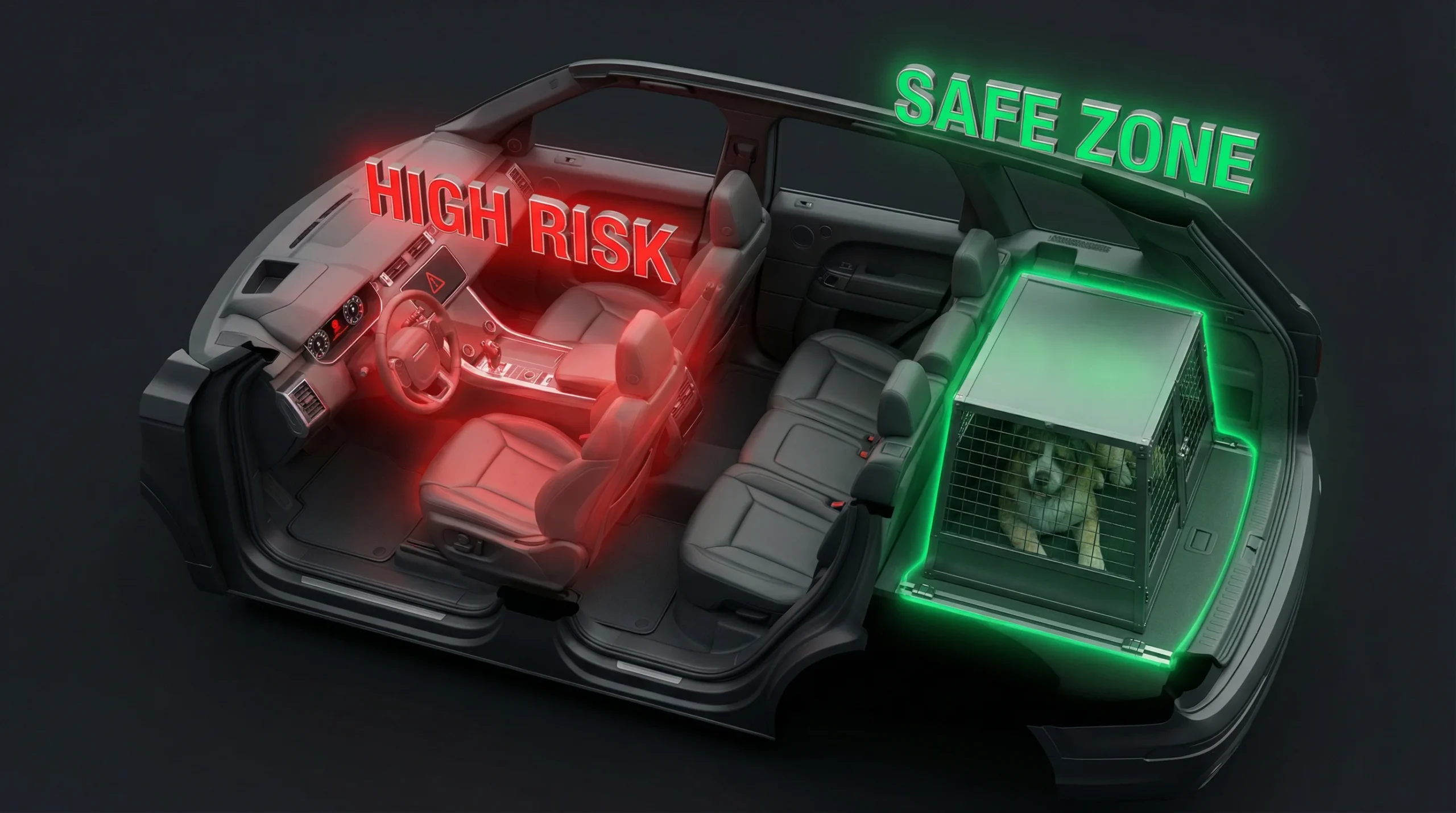 Dog car travel safety zones showing high risk front cabin and safe crate zone in the boot