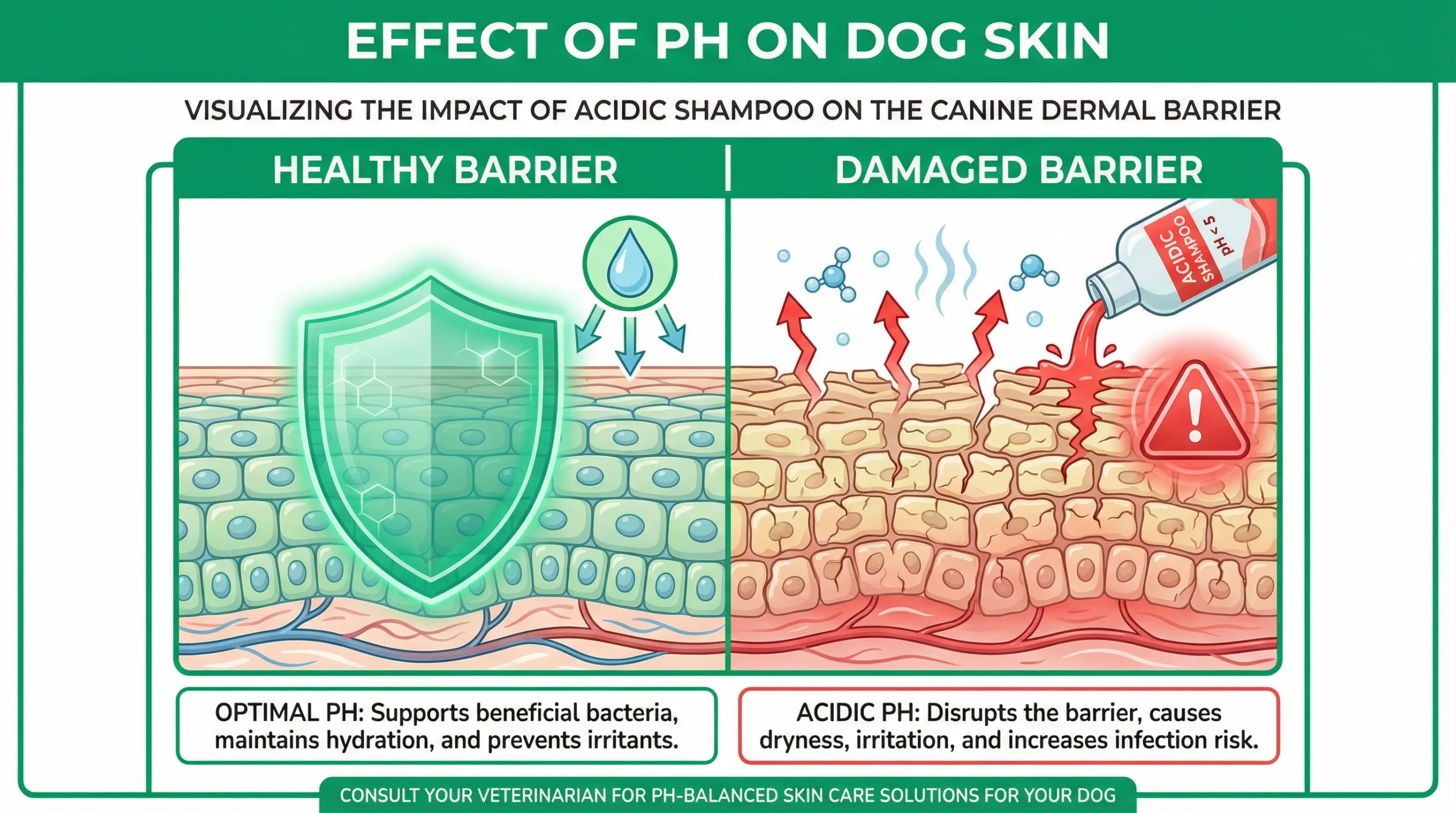 Effect of pH on dog skin showing how cat shampoo disrupts the canine skin barrier