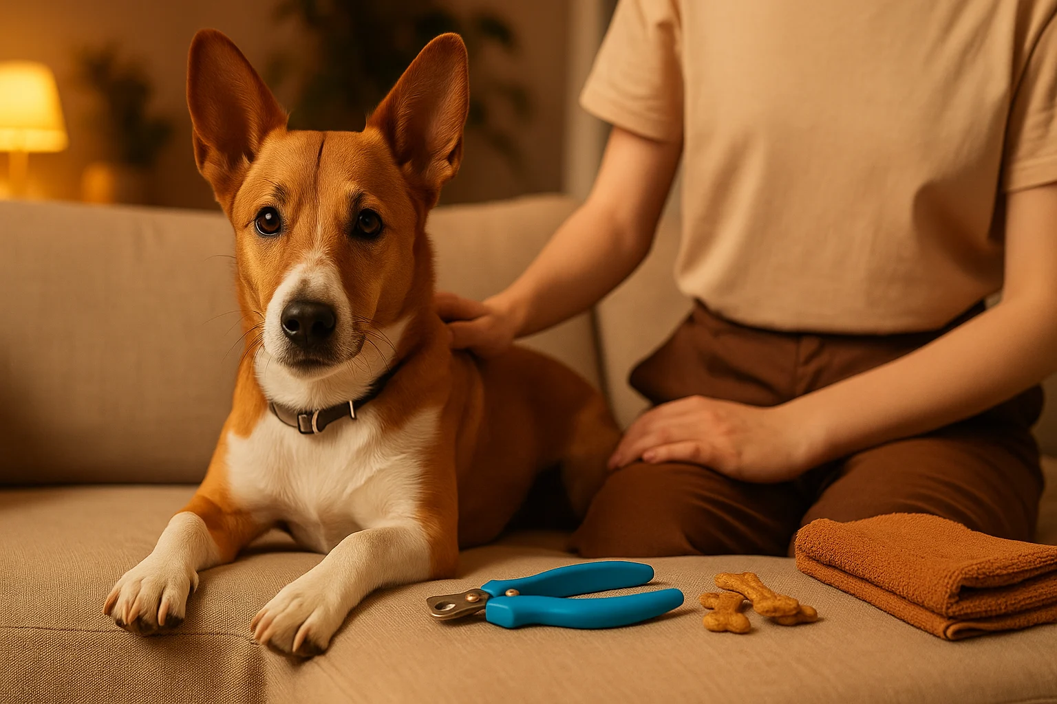how to clip dog nails at home – calm dog sitting with nail clippers and treats before grooming