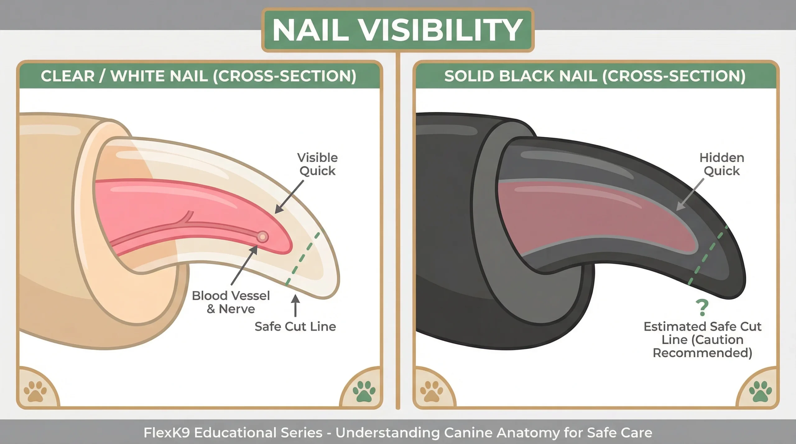 Black dog nail vs white nail anatomy showing the quick How to cut dog nails that are black showing the hidden quick compared to white nails