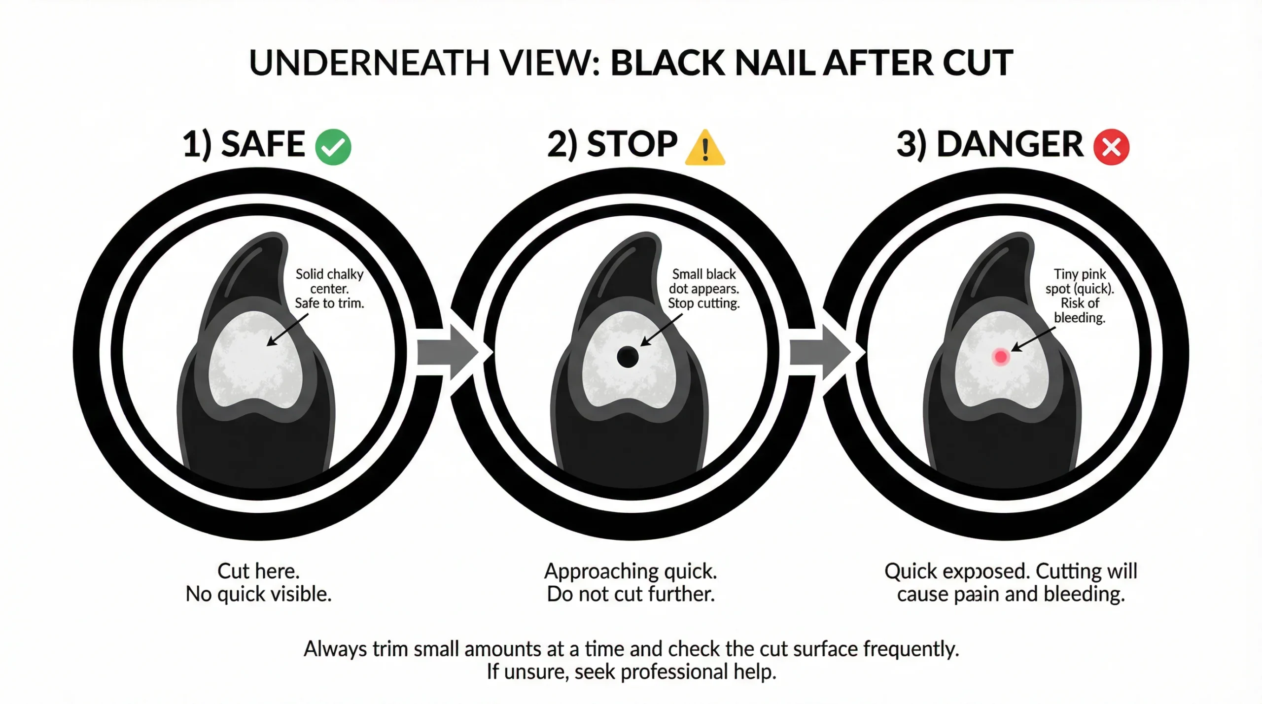 Underneath view of black dog nail showing where to stop cutting How to cut dog nails that are black showing safe, stop, and danger zones underneath