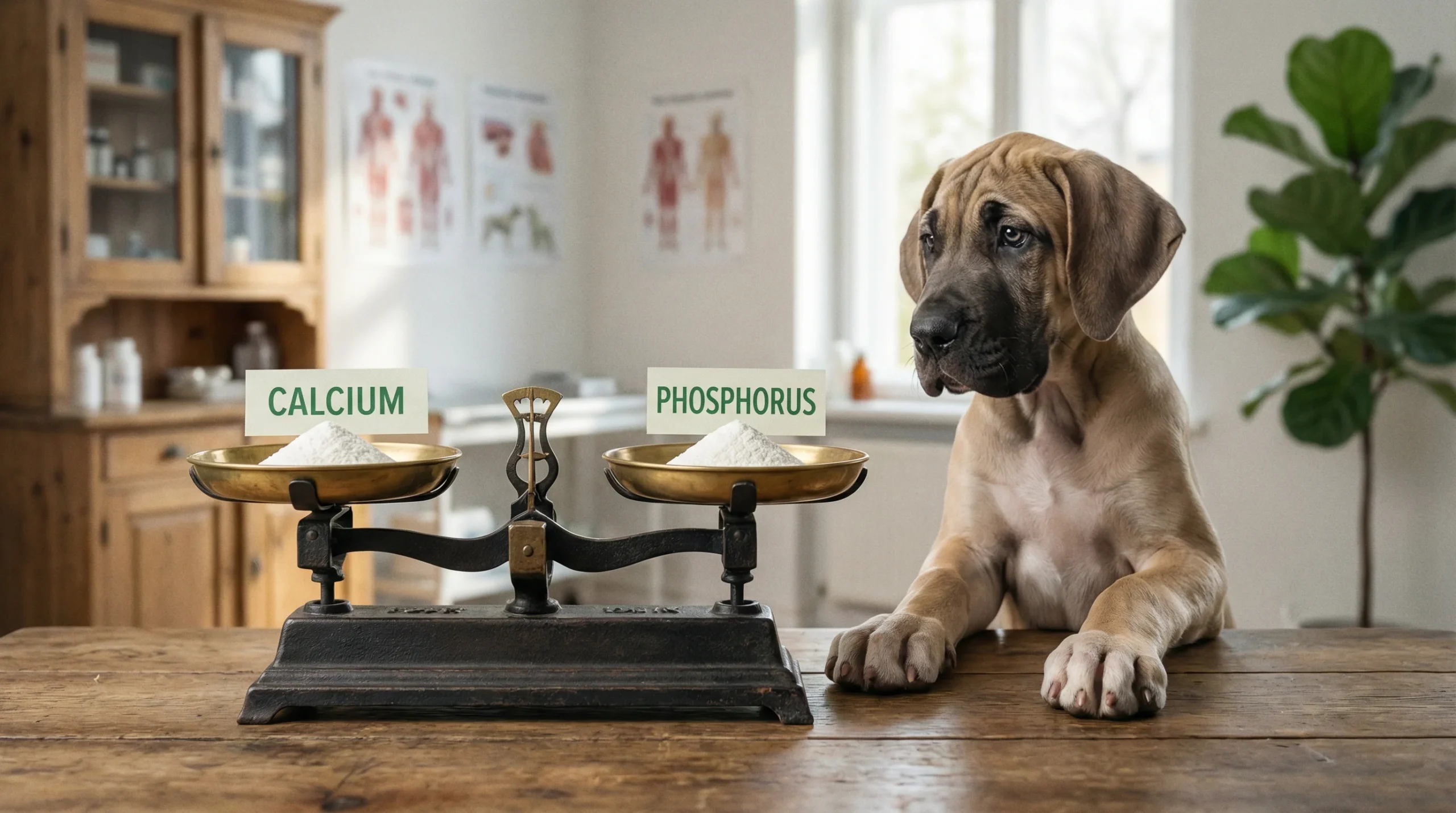 Great Dane puppy sitting next to a balance scale weighing Calcium and Phosphorus, illustrating the importance of mineral balance in large breed dog food.