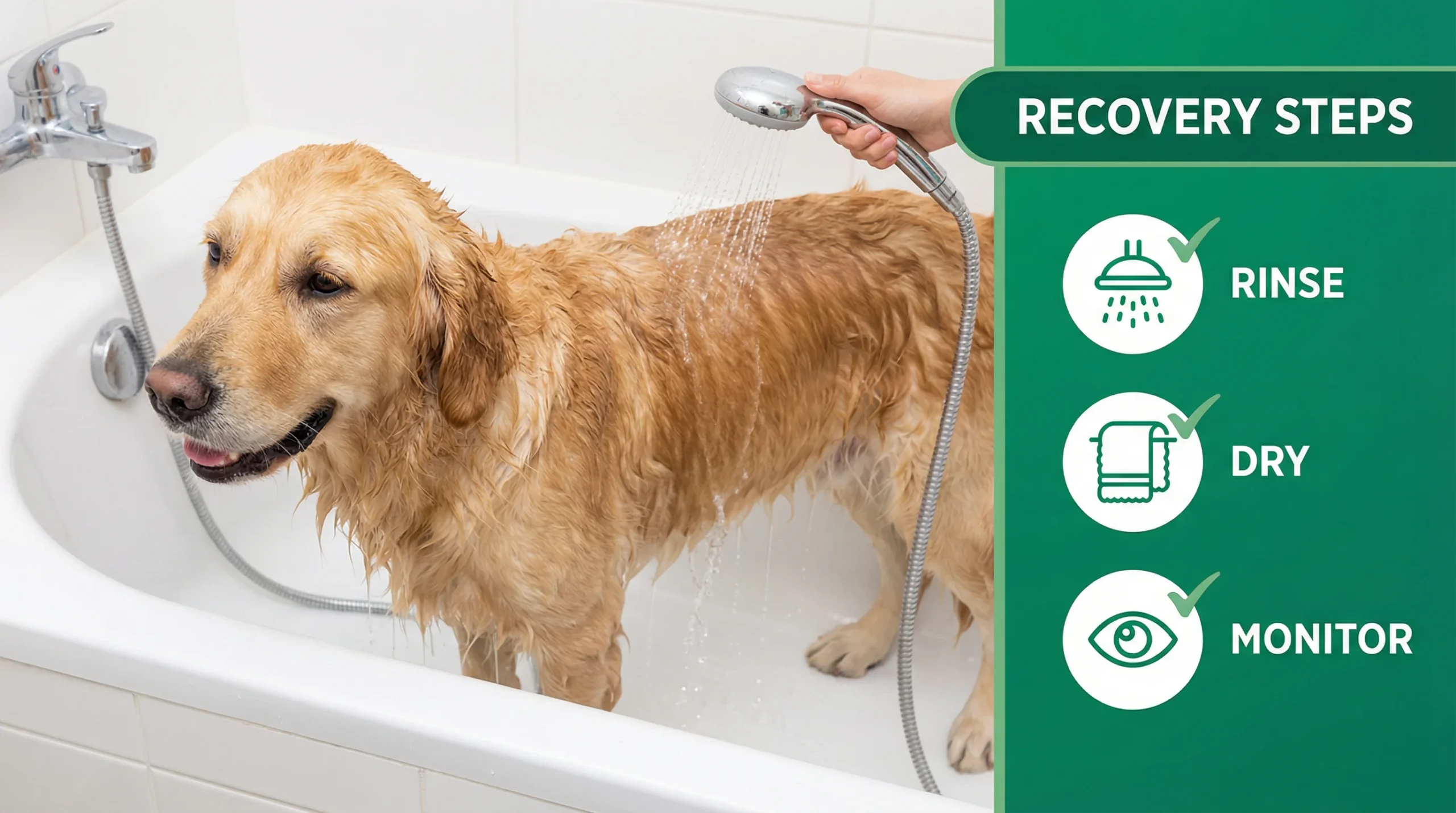 What to do after washing a dog with cat shampoo, showing rinsing and recovery steps