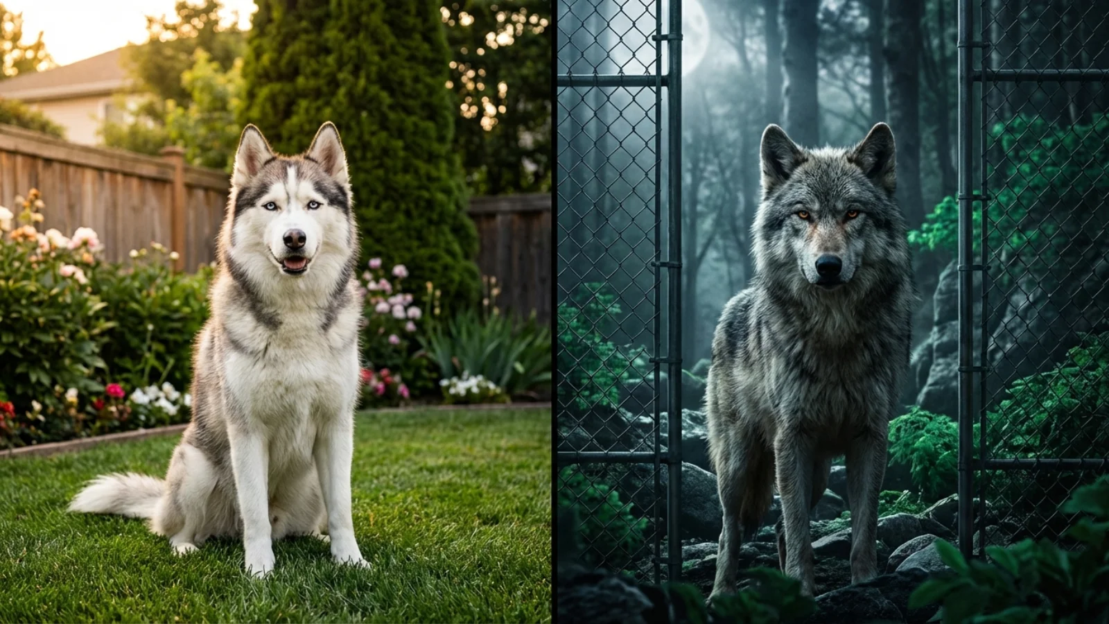 A cinematic split-screen showing a domestic Husky vs Wolf dog; the Husky sits in a sunny suburban garden while the wild hybrid stands behind a tall security fence in a dark forest.