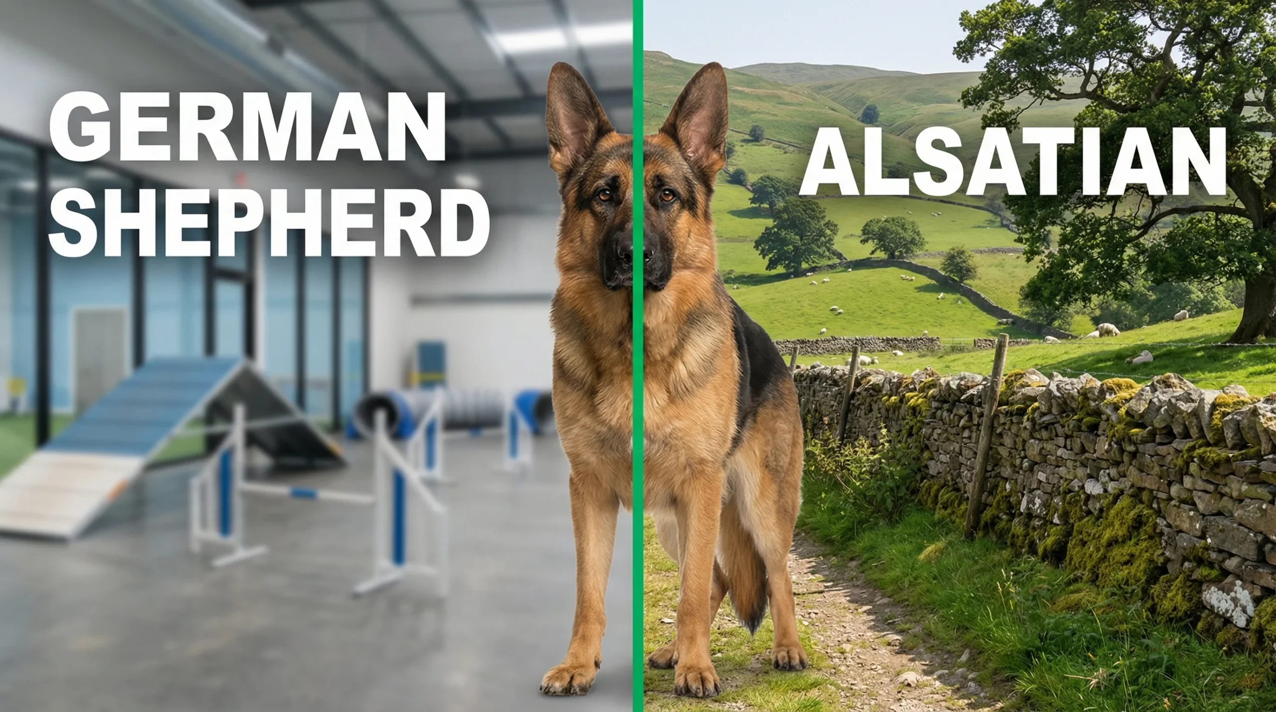 Alsatian vs German Shepherd comparison showing the same breed split between training hall and countryside setting