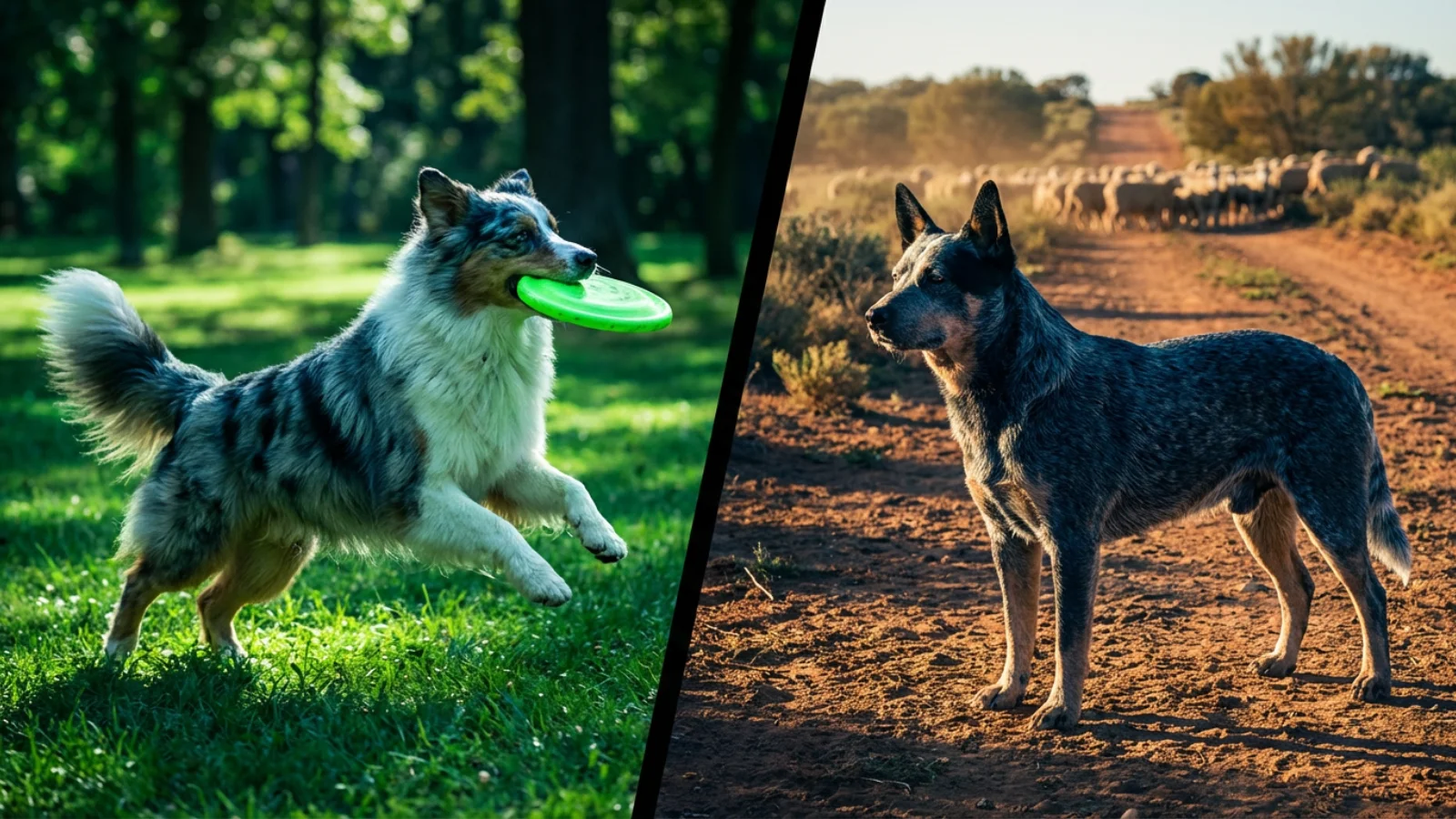 Australian Shepherd vs Cattle Dog comparison showing Blue Merle Aussie and Blue Heeler