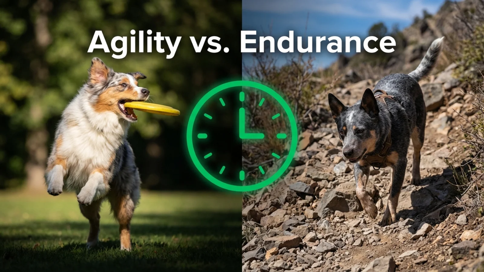 Australian Shepherd vs Cattle Dog exercise needs infographic showing an Aussie catching a frisbee and a Cattle Dog hiking on rocky terrain.