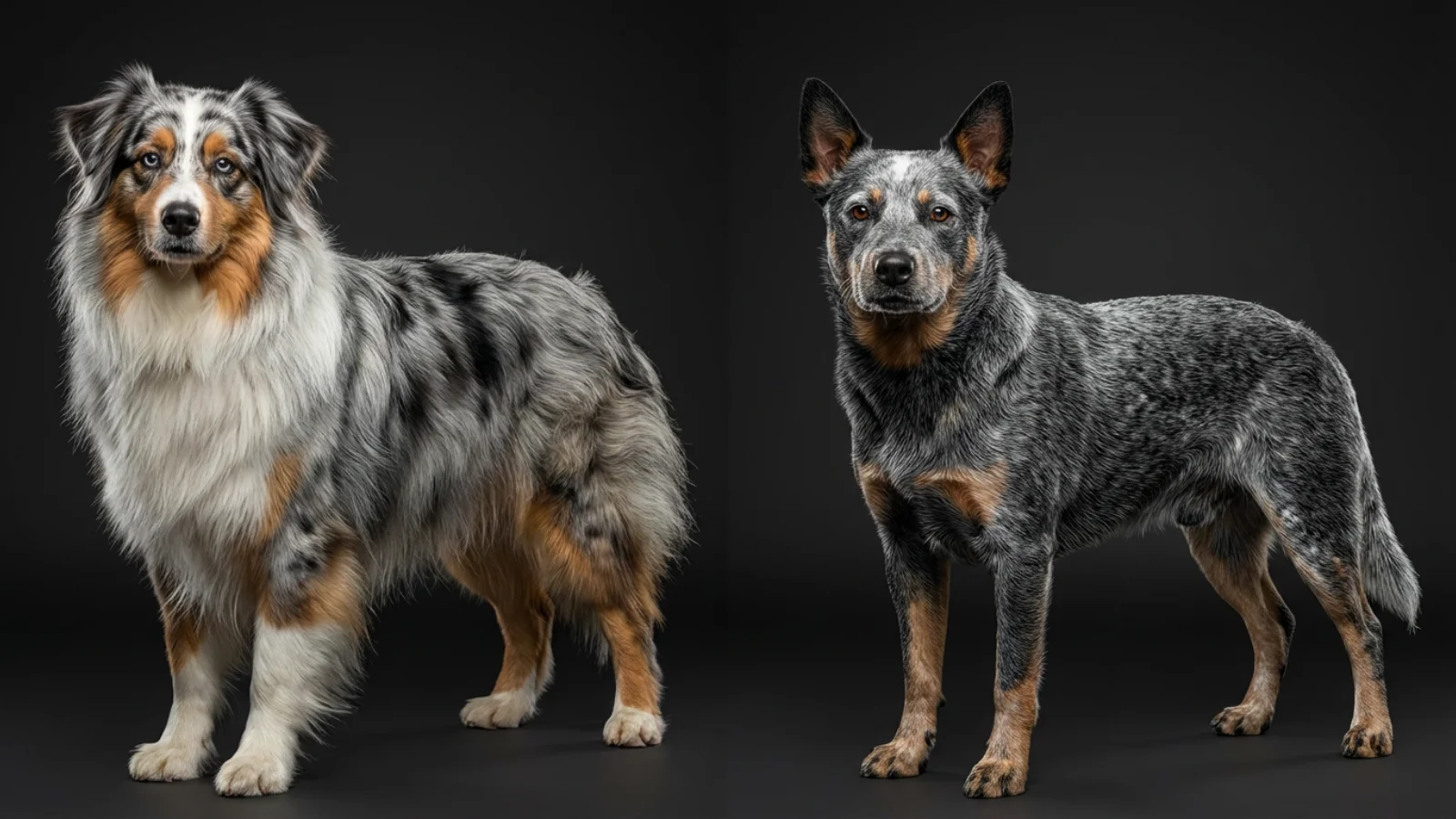 A studio comparison of an Australian Shepherd vs Cattle Dog showing the long Blue Merle coat of the Aussie and the short, muscular build of the Blue Heeler.