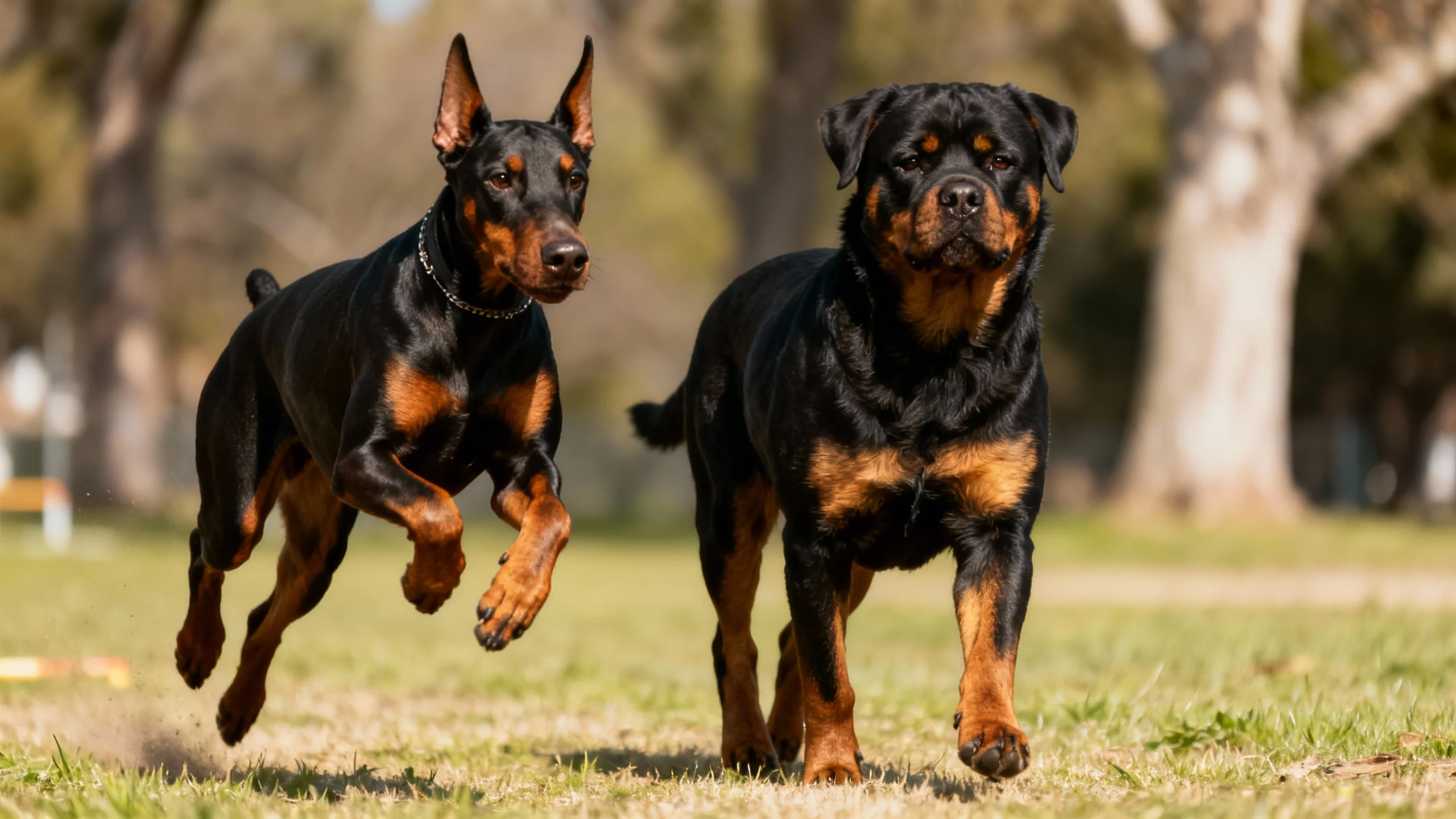 Doberman vs Rottweiler exercise levels illustrated by high-energy Doberman and steady Rottweiler.