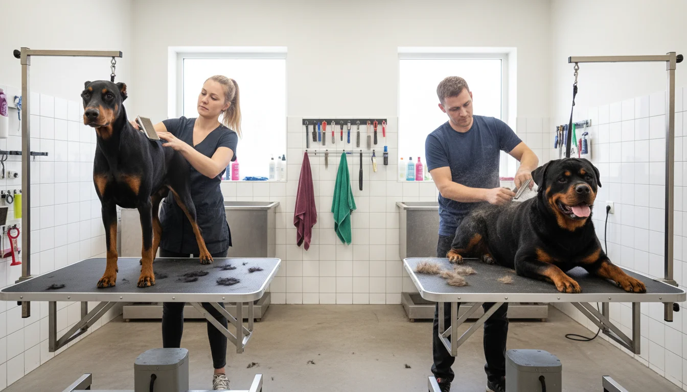 Doberman vs Rottweiler grooming differences showing brushing routines for each breed.