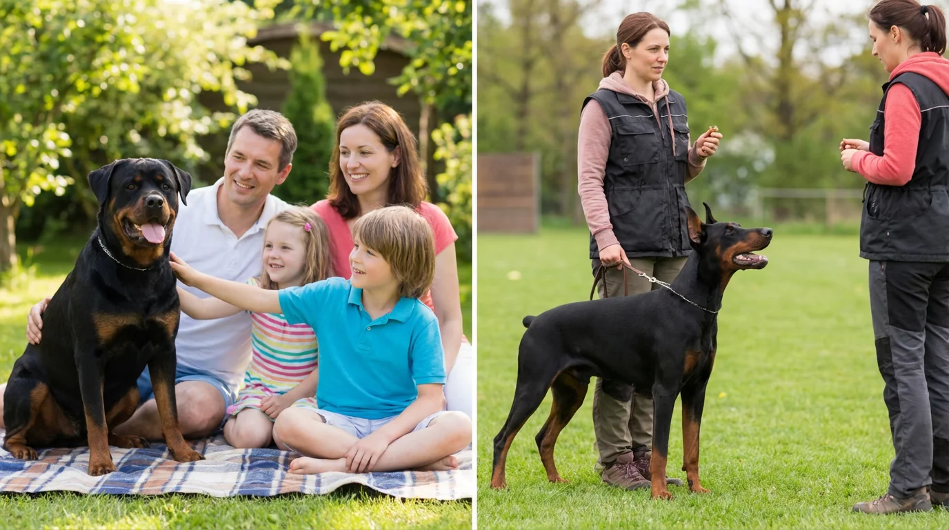Doberman vs Rottweiler temperament comparison showing alert Doberman and calm Rottweiler.