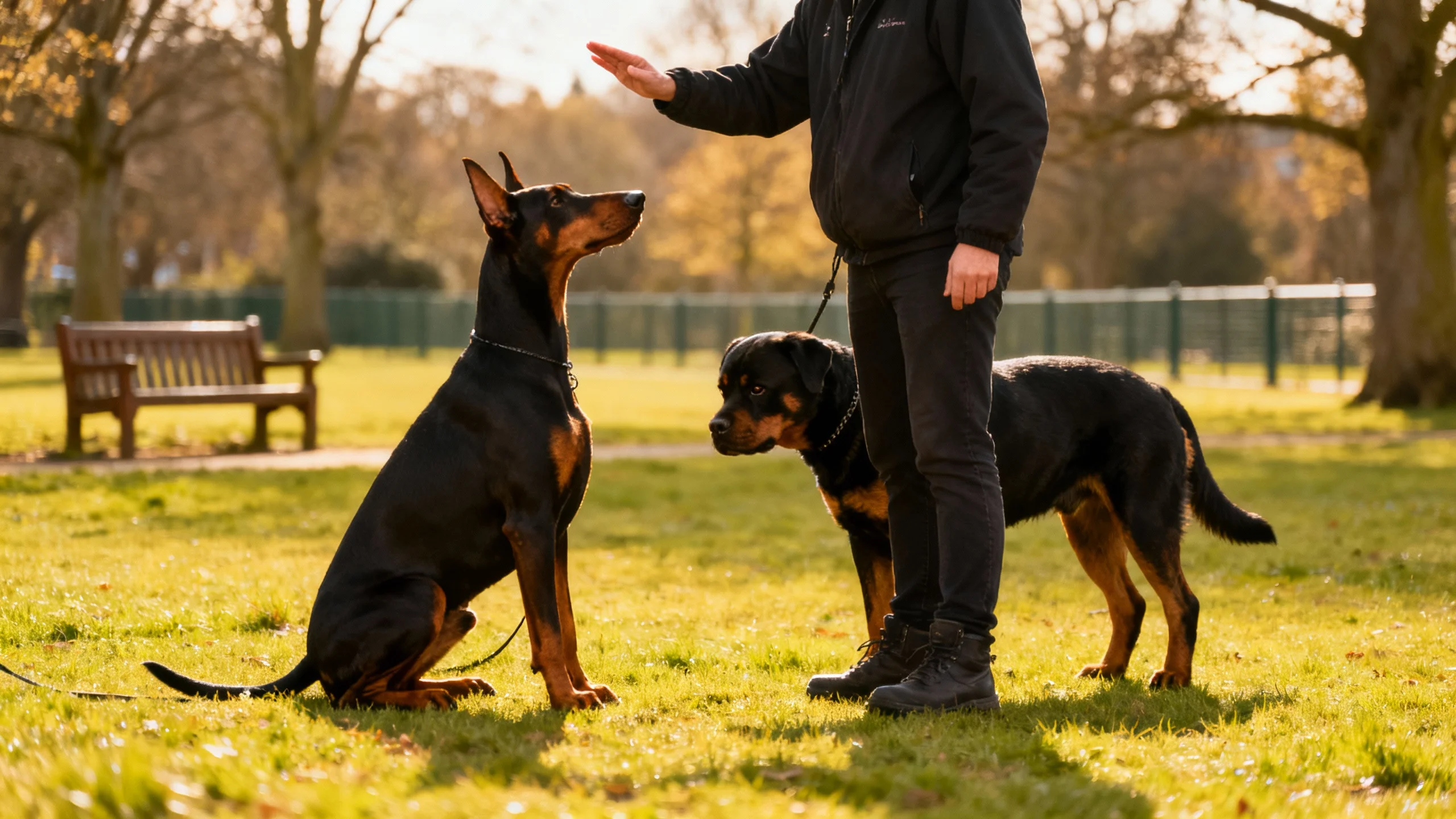 Doberman vs Rottweiler training comparison with both breeds responding to owners.