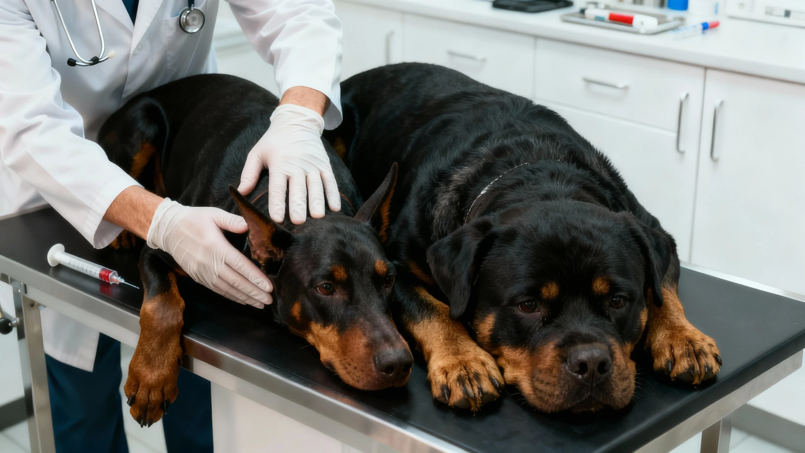 Doberman vs Rottweiler health comparison during routine vet checks.