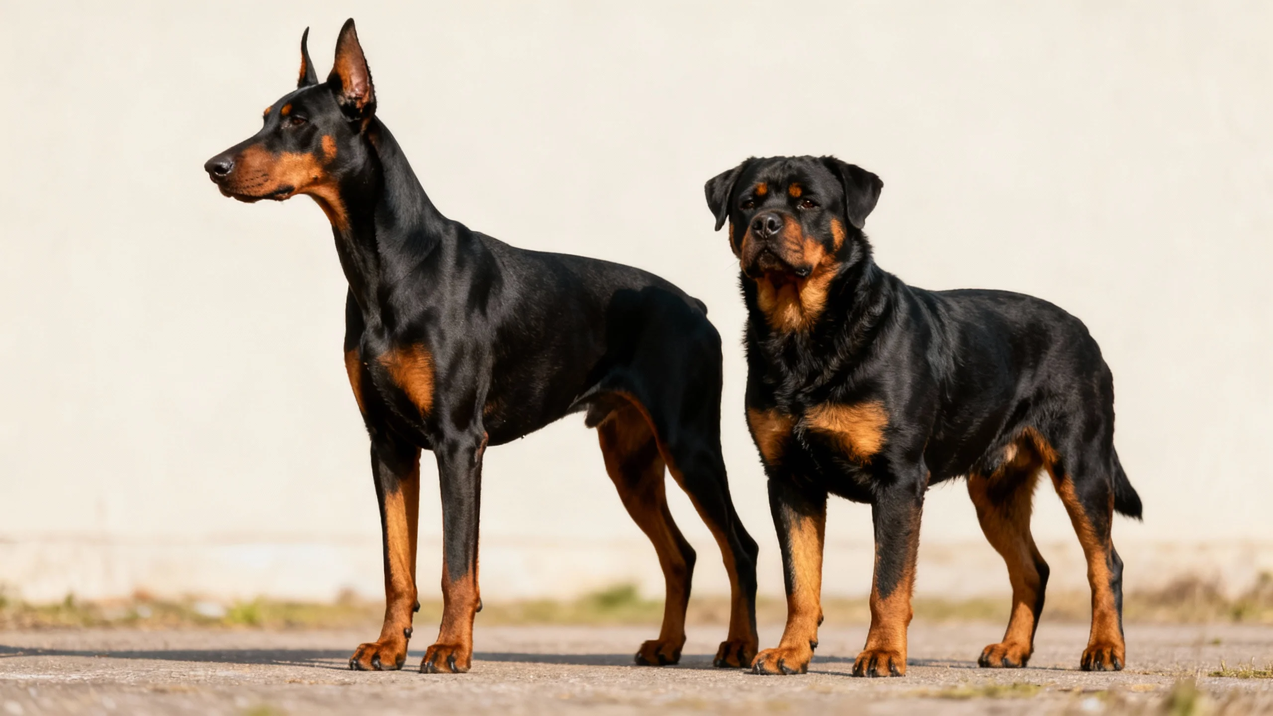 Doberman vs Rottweiler standing side by side in a realistic outdoor comparison.