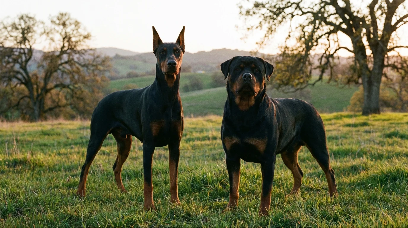 Doberman vs Rottweiler size comparison with both dogs standing side by side.