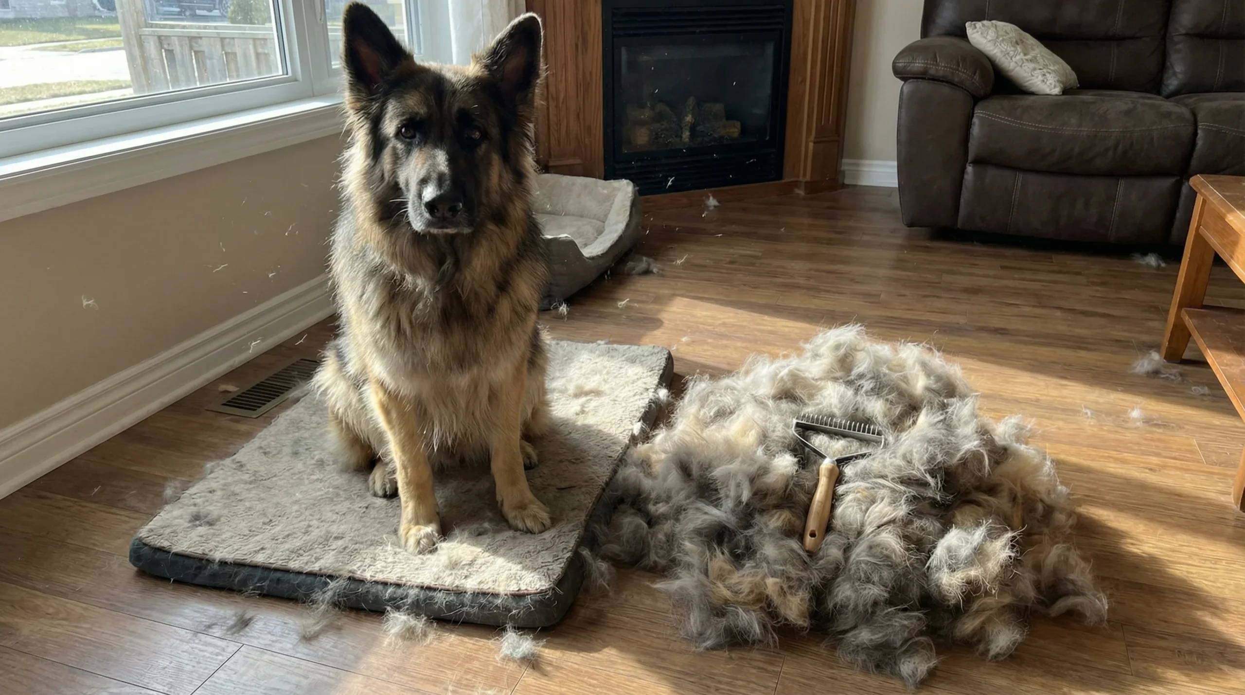 German Shepherd dog sitting next to a massive pile of shed loose fur on a wooden floor with a grooming rake resting on top.