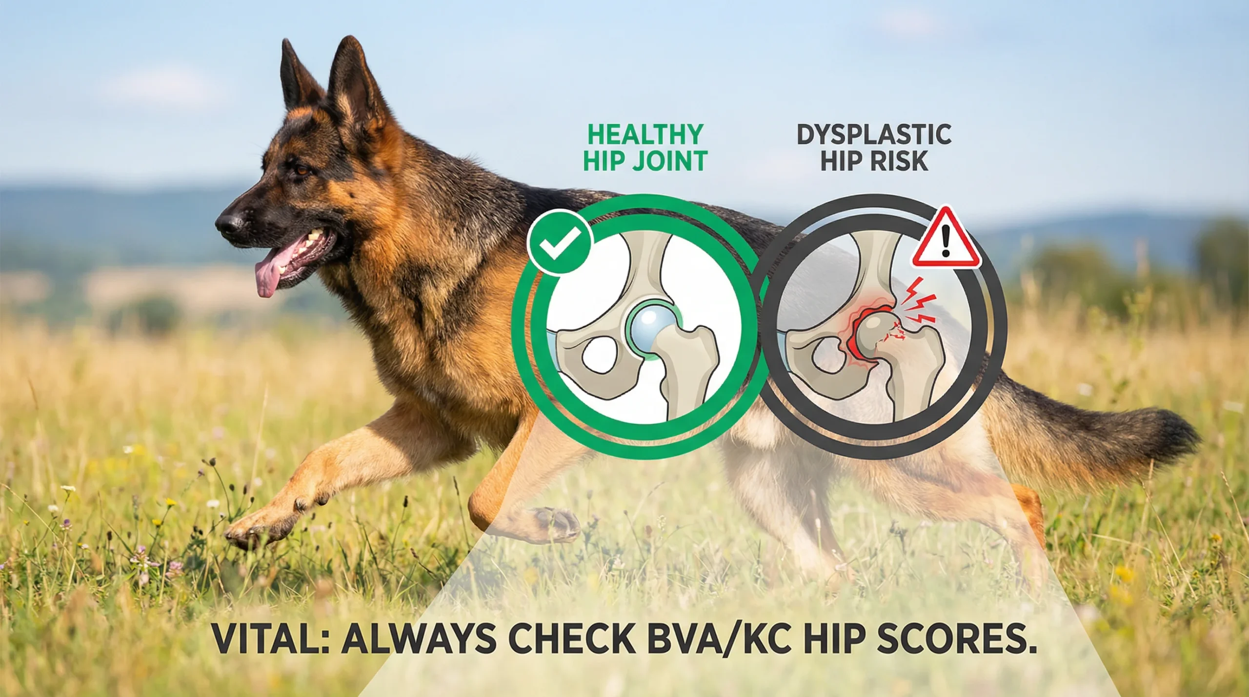 German Shepherd dog running with a medical overlay comparing a healthy hip joint checkmark against a dysplastic hip joint with warning signs. Text reads: Vital: Always Check BVA/KC Hip Scores.