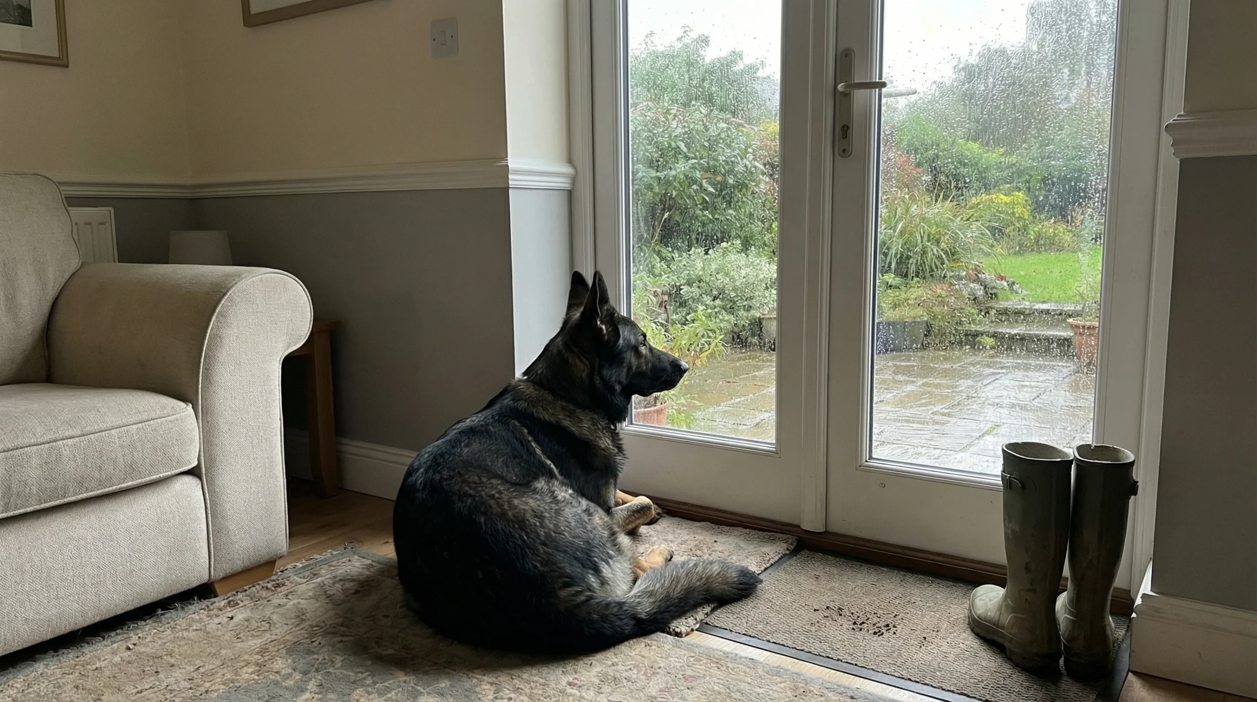 A calm German Shepherd dog lying alert by a patio door in a British home, looking out at a rainy garden.