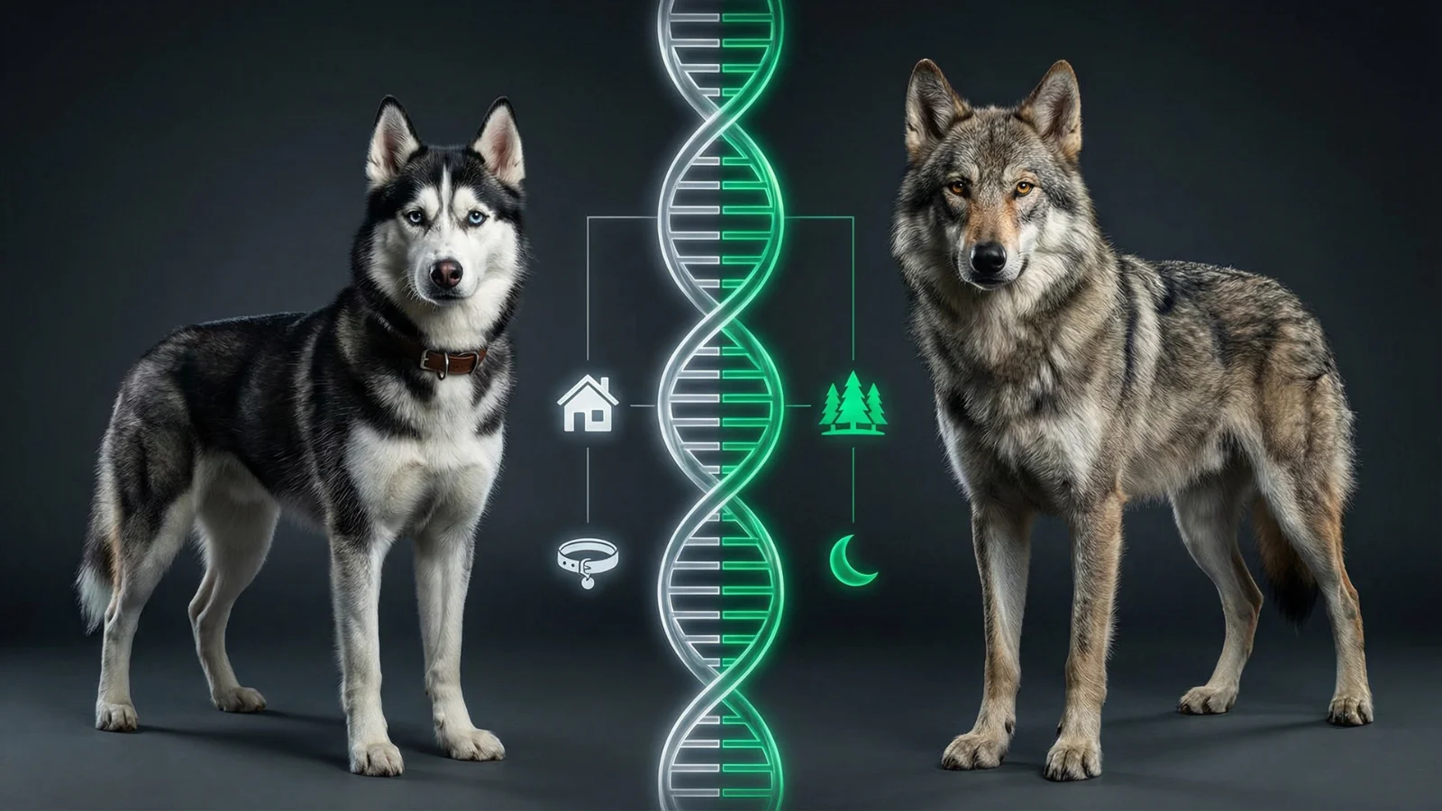 A split-screen graphic showing a Siberian Husky and a Wolf Dog separated by a glowing DNA strand, with domestic icons on the dog's side and wild nature icons on the wolf's side.