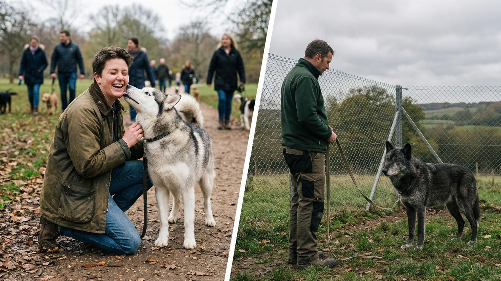 A split-screen photograph comparing Husky vs Wolf dog interactions in a UK setting: on the left, a friendly Siberian Husky licks its owner's face in a busy park; on the right, a professional handler stands at a respectful distance from a cautious wolf-dog hybrid in a secure rural enclosure.
