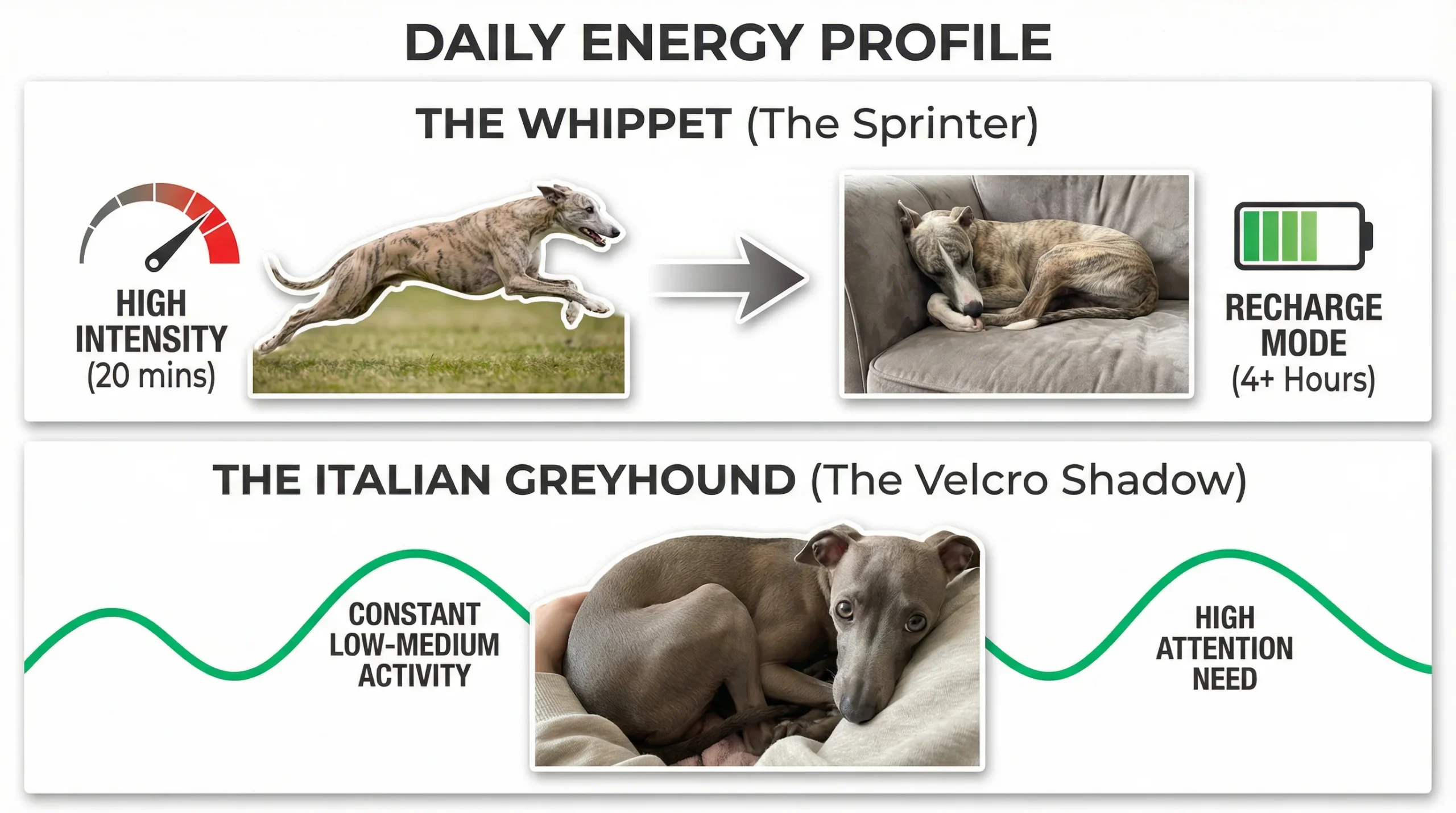 An Italian Greyhound vs Whippet temperament infographic showing the daily energy cycle differences between the two sighthound breeds.