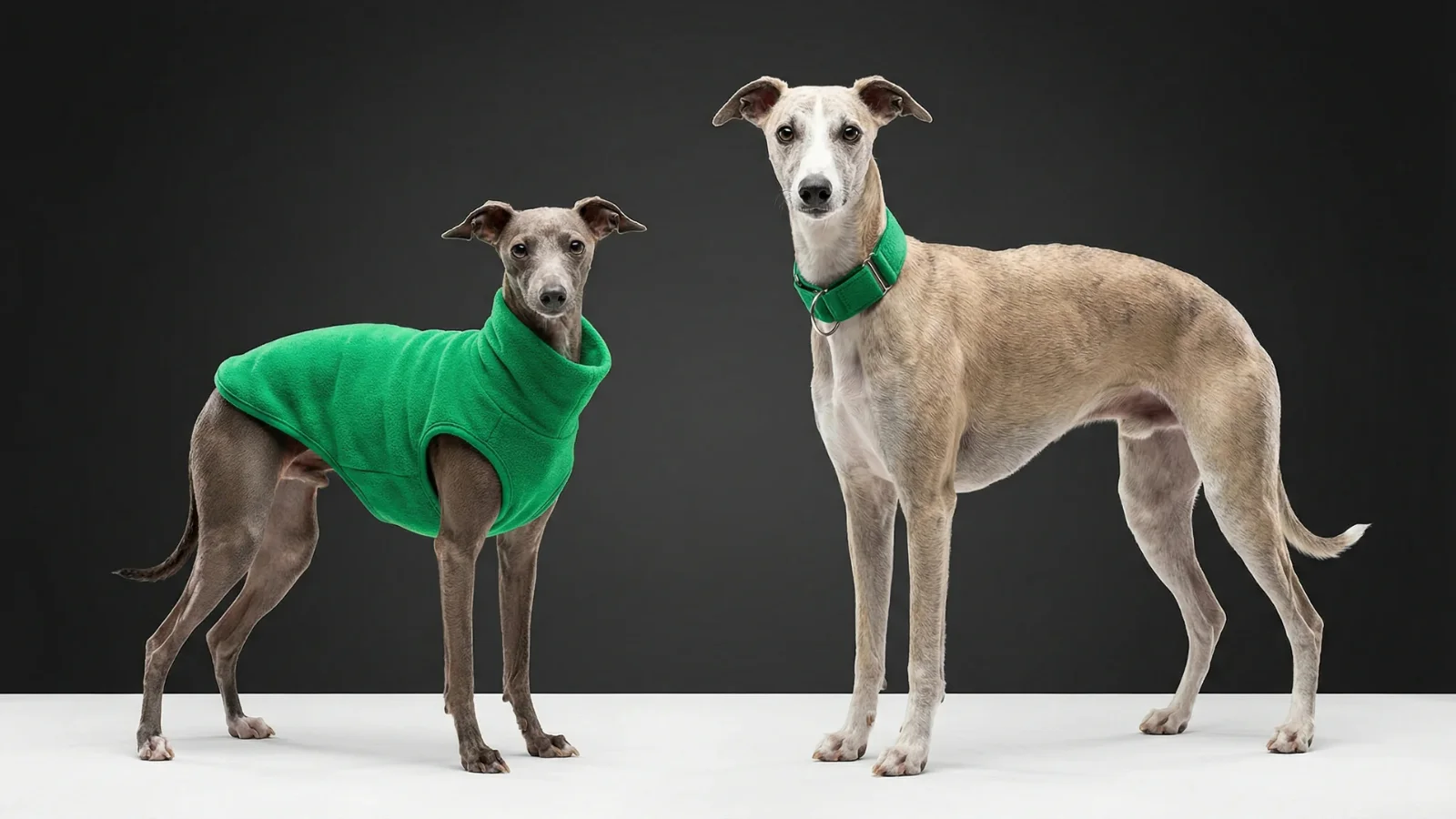 Italian Greyhound vs Whippet standing side by side showing size and build differences