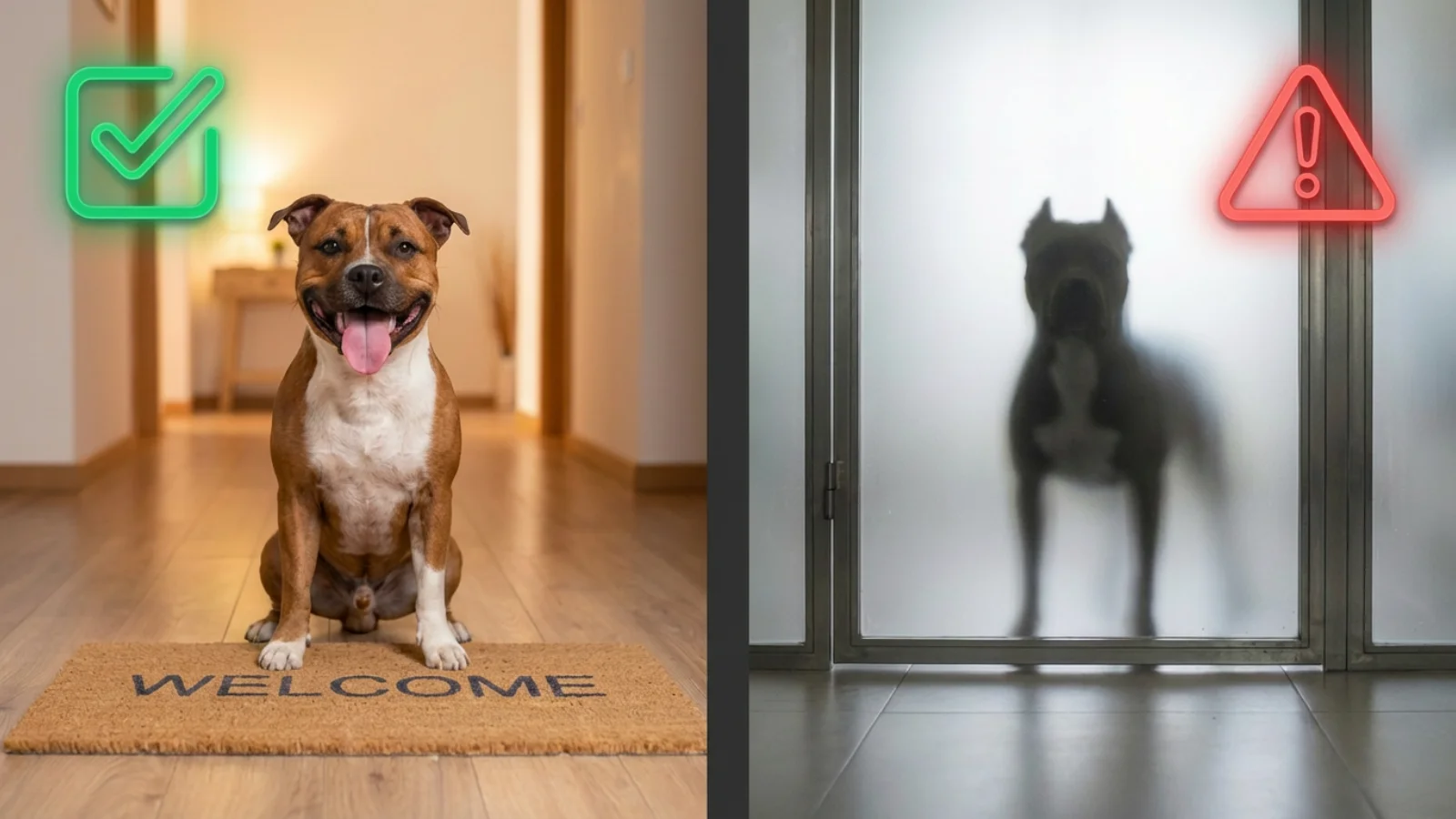 Conceptual comparison showing a legal Staffordshire Bull Terrier in a home versus a restricted Pitbull type in the UK.