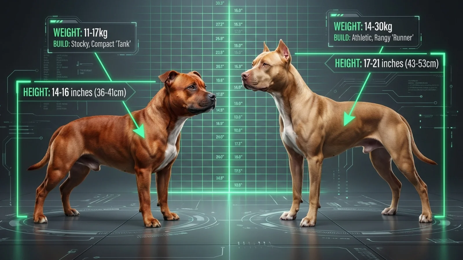 Infographic comparing the body structure, height ranges (Staffy 14-16", Pitbull 17-21"), and weight ranges (Staffy 11-17kg, Pitbull 14-30kg) of the two breeds.