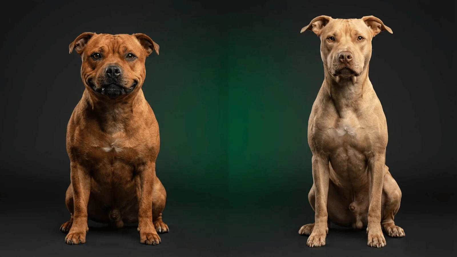 A side-by-side studio comparison showing a stocky Staffordshire Bull Terrier on the left versus a taller, leaner American Pitbull Terrier on the right, illustrating the Pitbull dog vs Staffy physical differences.