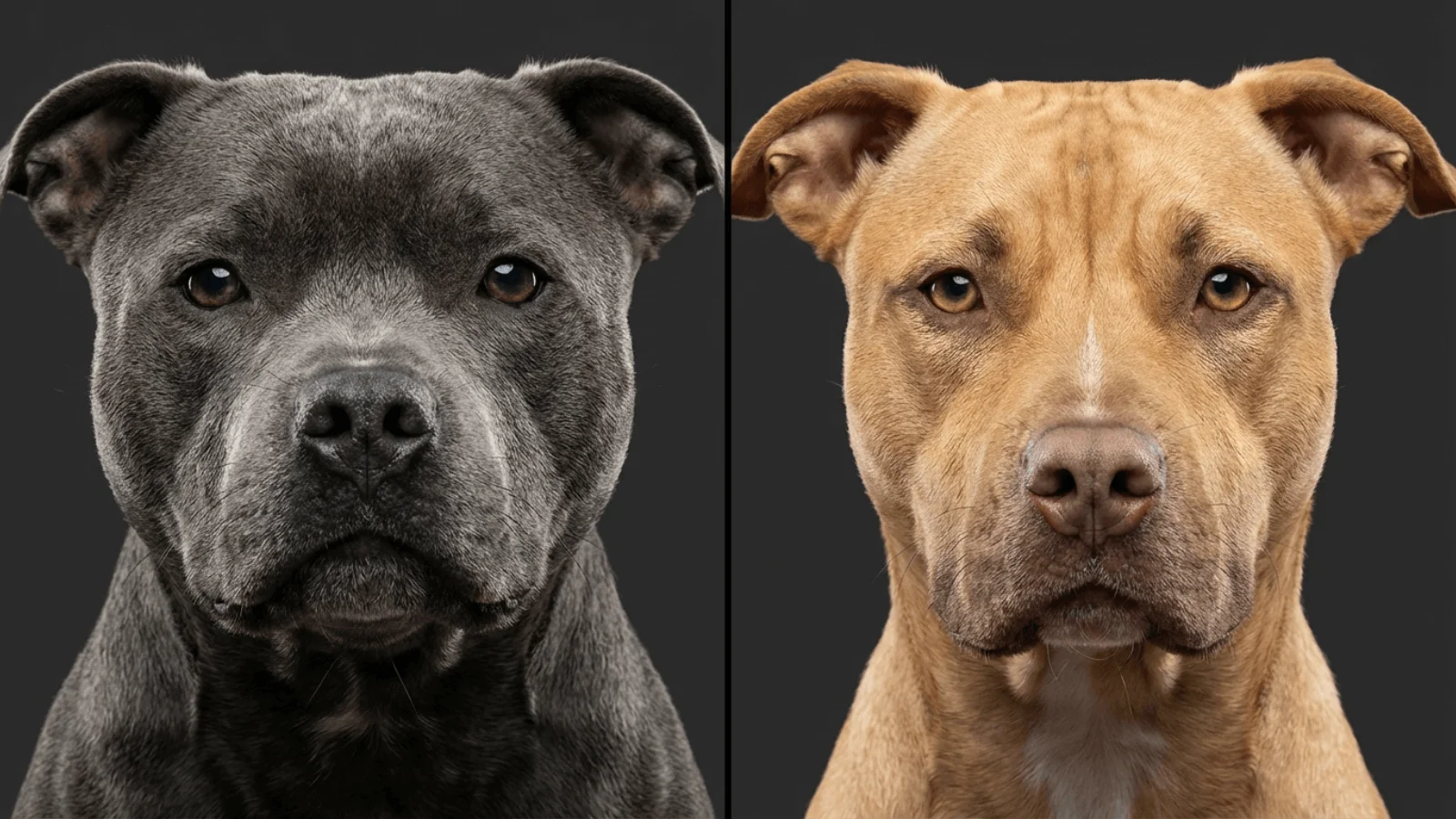 A close-up split screen comparing the broad, blocky head of a blue Staffordshire Bull Terrier (left) against the leaner, wedge-shaped face of a tan Pitbull dog (right).