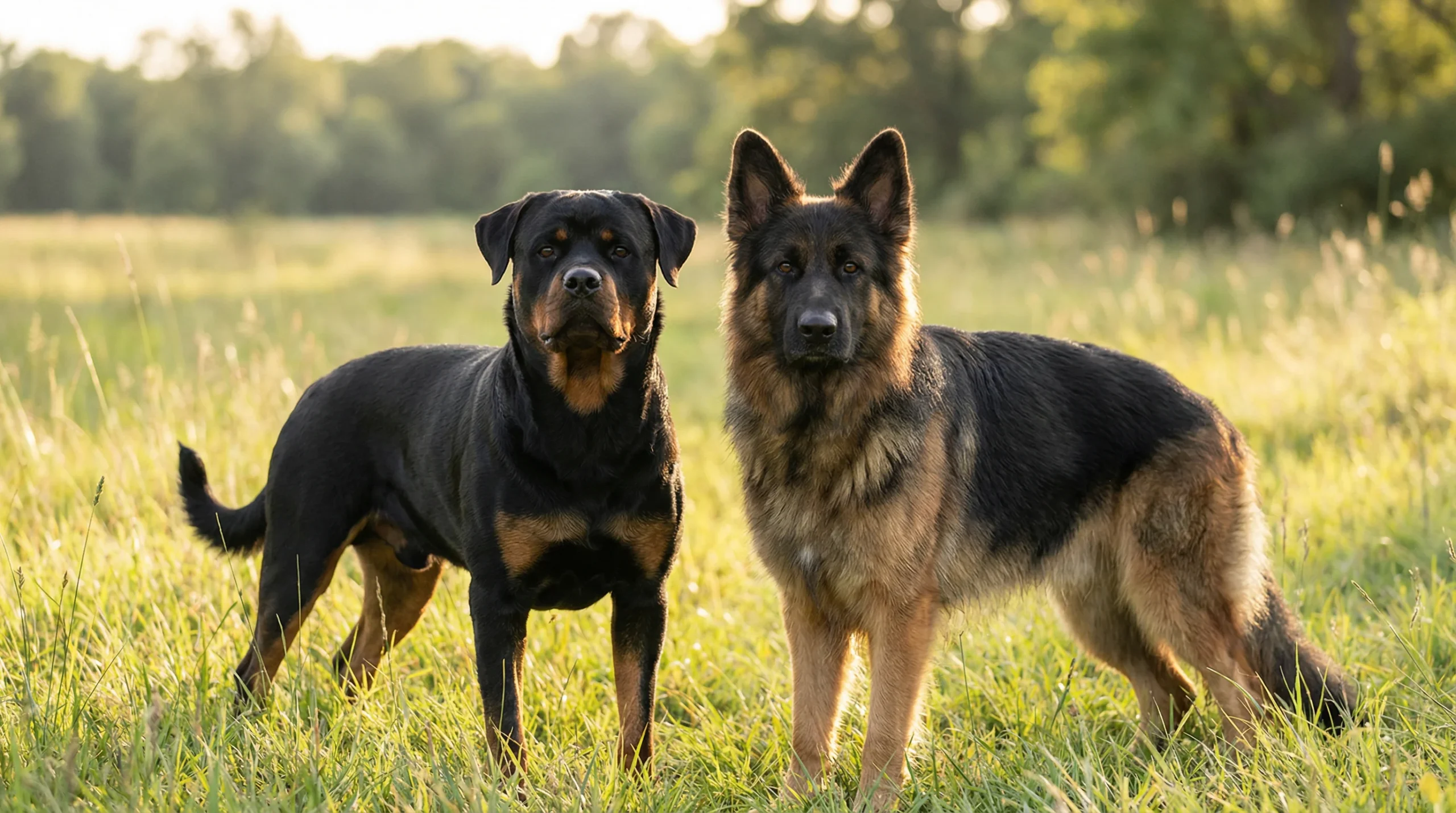 Rottweiler vs German Shepherd standing side-by-side outdoors in natural sunlight.