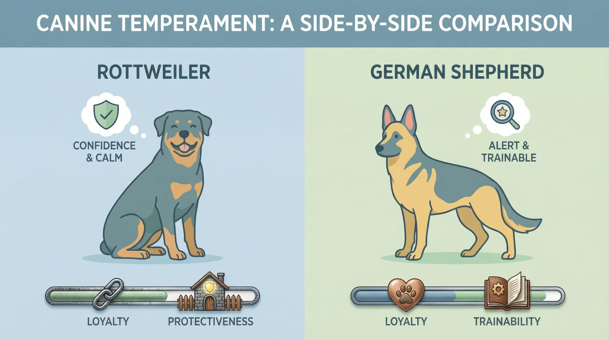 Rottweiler vs German Shepherd temperament chart with key behavioural traits.