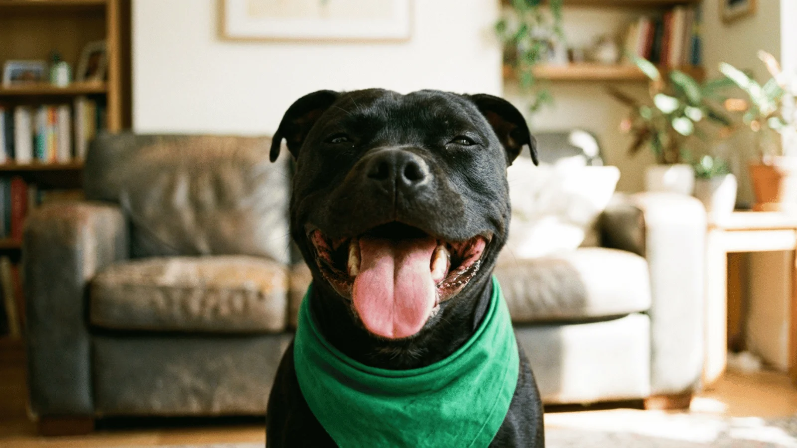 A happy Staffordshire Bull Terrier displaying the famous "Staffy Smile" in a home setting.