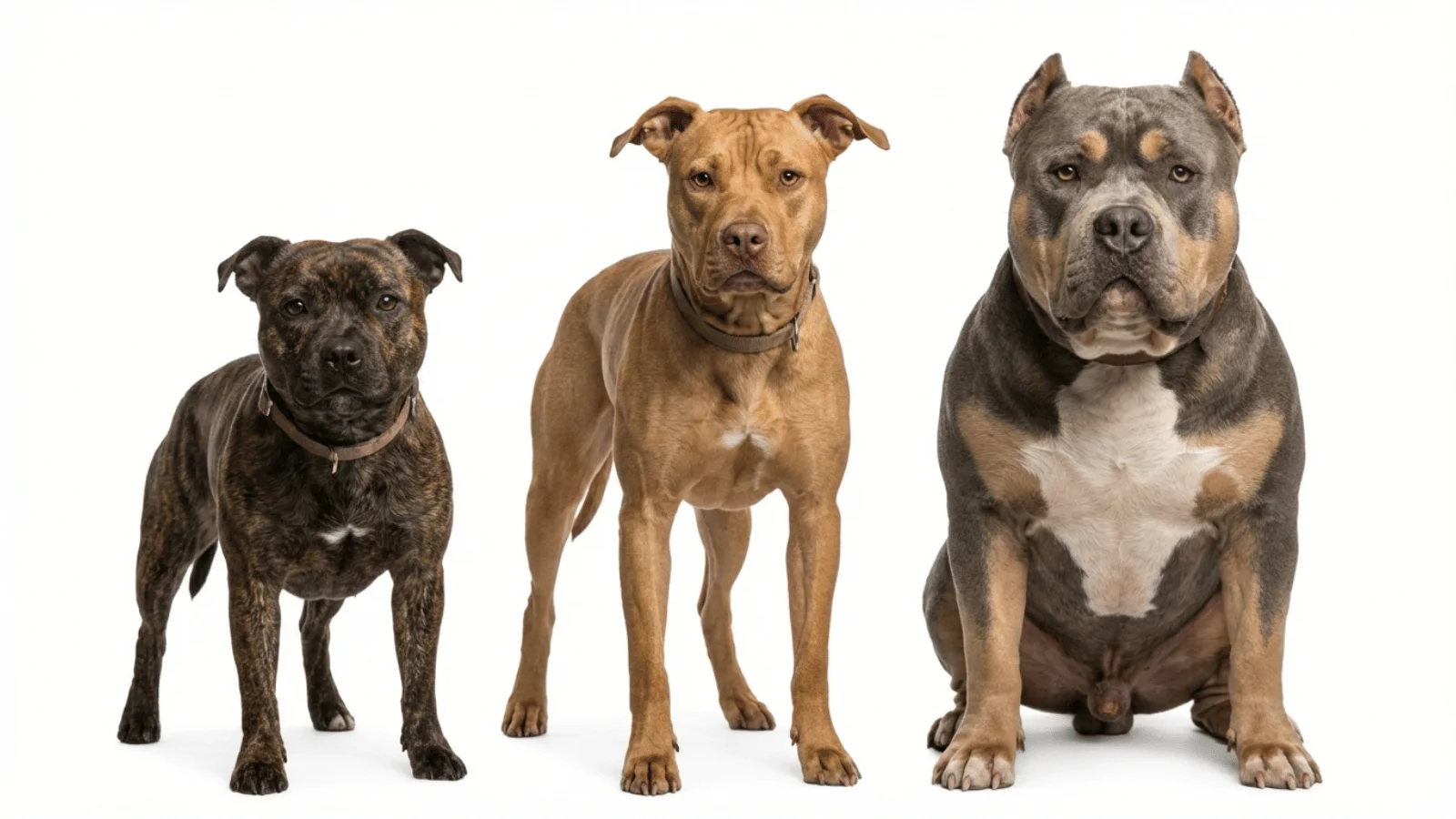 Size comparison lineup showing a Staffy, a Pitbull, and a large American XL Bully