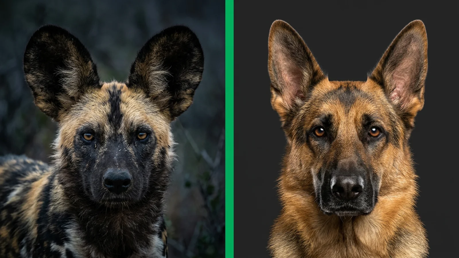 Split-screen comparison showing the alert facial expressions of an African wild dog and a domestic German Shepherd.
