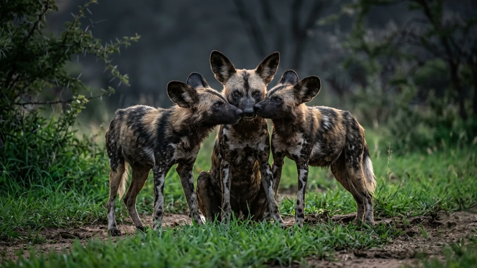 Three African wild dogs engaging in a pack bonding pep rally to establish clear communication.