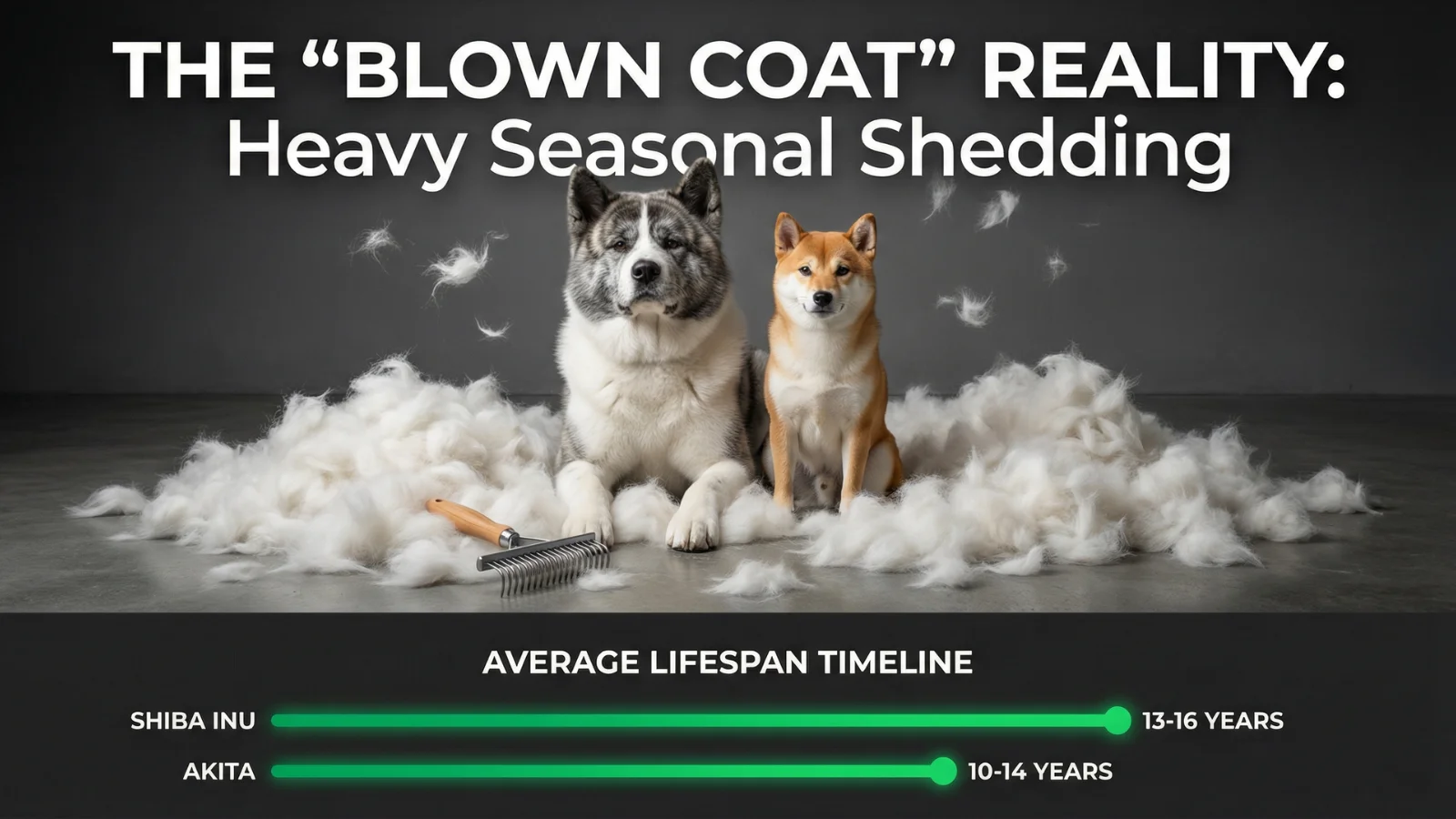 A hybrid infographic illustrating heavy seasonal shedding with massive piles of fur, alongside a timeline chart comparing average lifespans, to visually detail the Akita Dog vs Shiba Inu health and grooming differences.