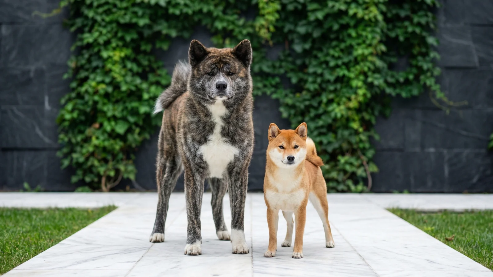 A large brindle Akita standing next to a smaller red Shiba Inu outdoors, visually highlighting the distinct size difference in an Akita Dog vs Shiba Inu comparison.