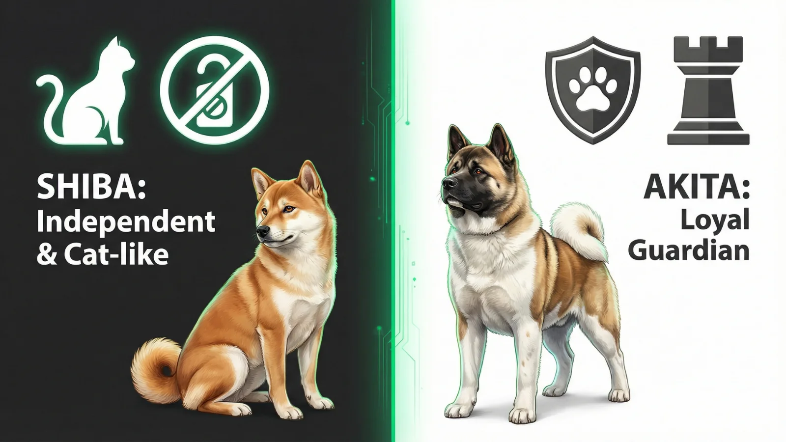 A side-by-side infographic highlighting the independent, cat-like nature of the Shiba Inu against the loyal, guardian instincts of the Akita to visualise the Akita Dog vs Shiba Inu behavioural differences.