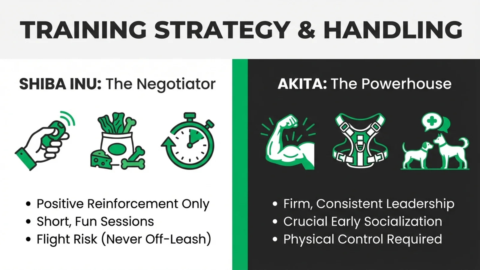 A training strategy infographic comparing the Shiba Inu as a negotiator needing positive reinforcement and the Akita as a powerhouse requiring firm leadership, illustrating the distinct Akita Dog vs Shiba Inu handling differences.
