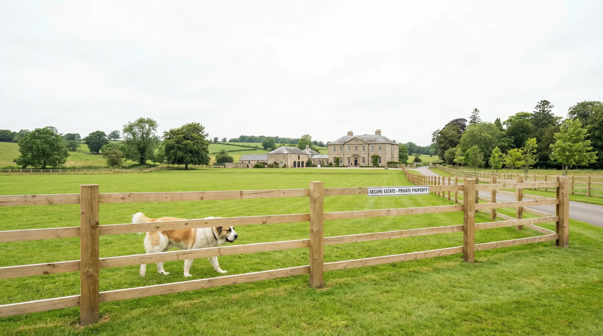 Alabai guard dog requiring large secure land in the UK Alabai Dog vs Kangal showing an Alabai guarding a large, secure UK property with extensive fencing