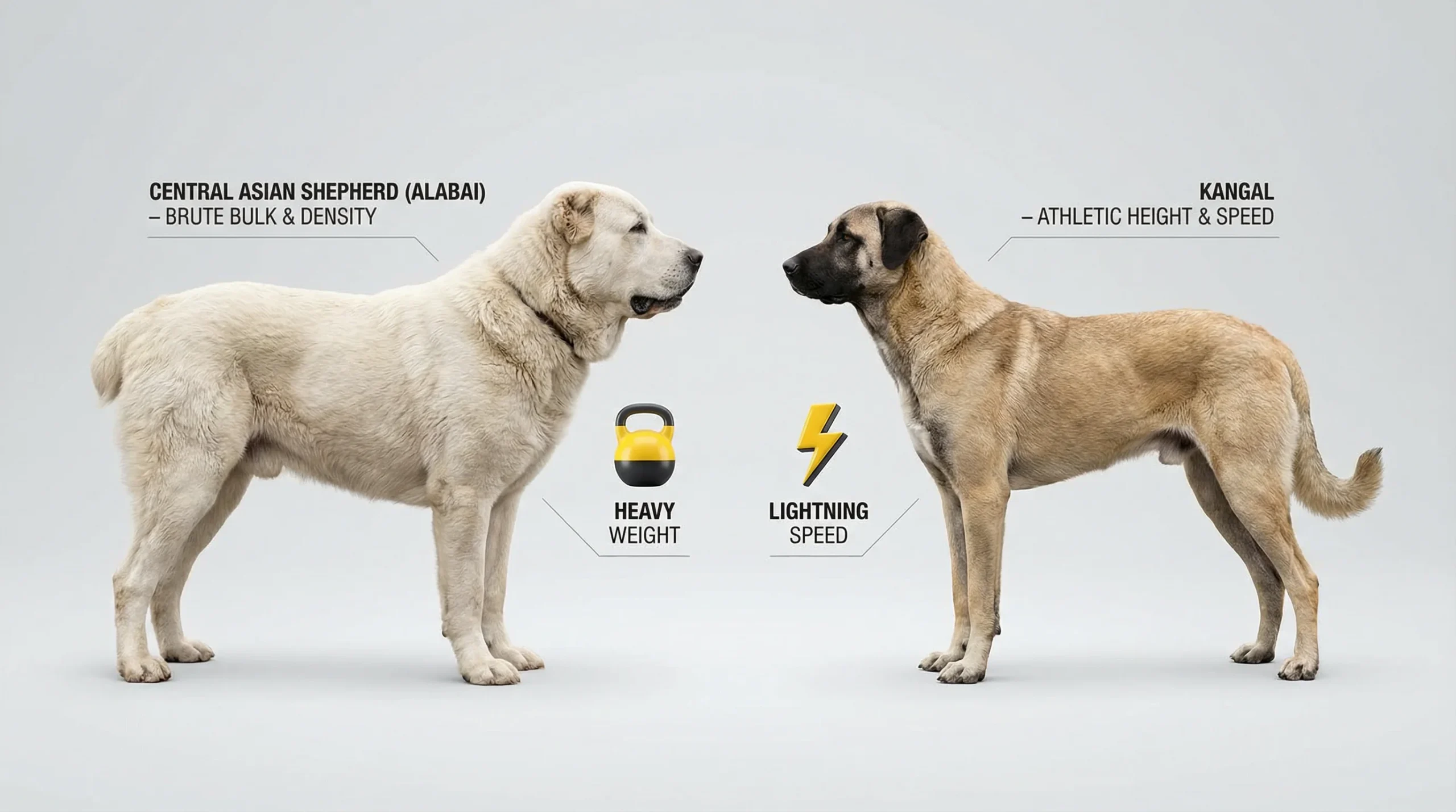 Alabai Dog vs Kangal – Size and Physical Power Comparison Alabai Dog vs Kangal size and strength comparison showing differences in build and body structure