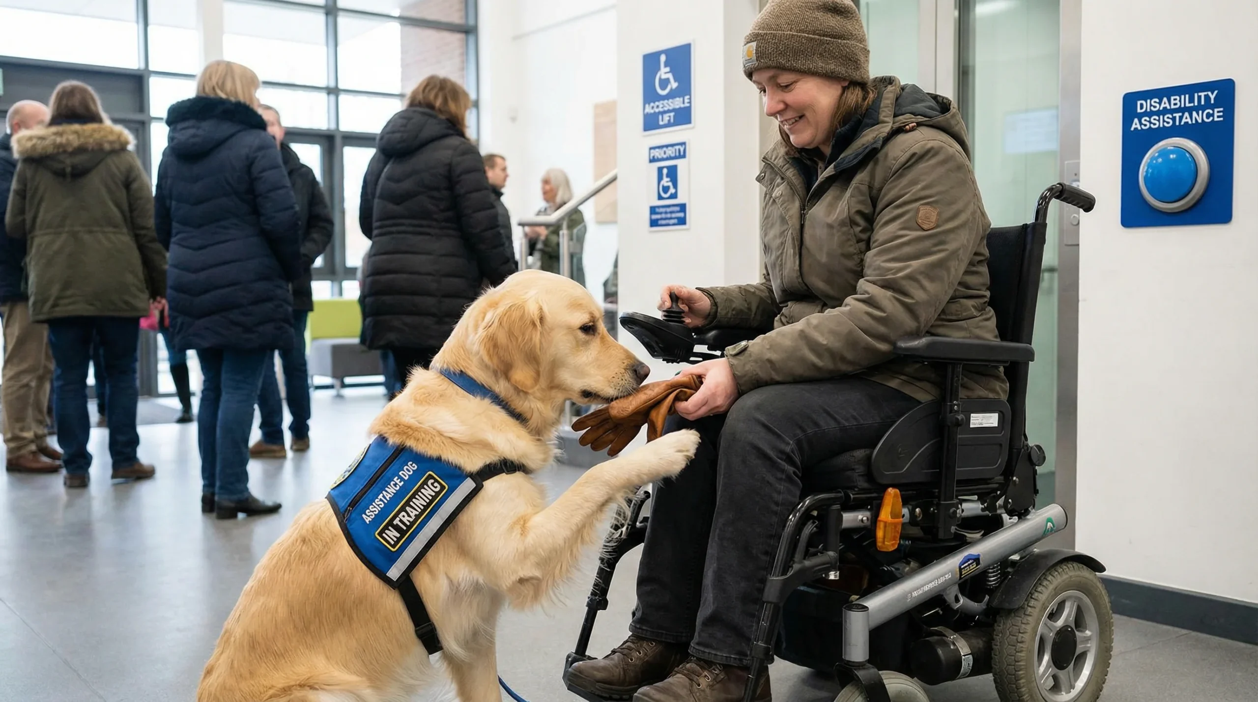 Service Dog performing a trained support task for a disabled handler in the UK, highlighting what qualifies an assistance dog under UK law.