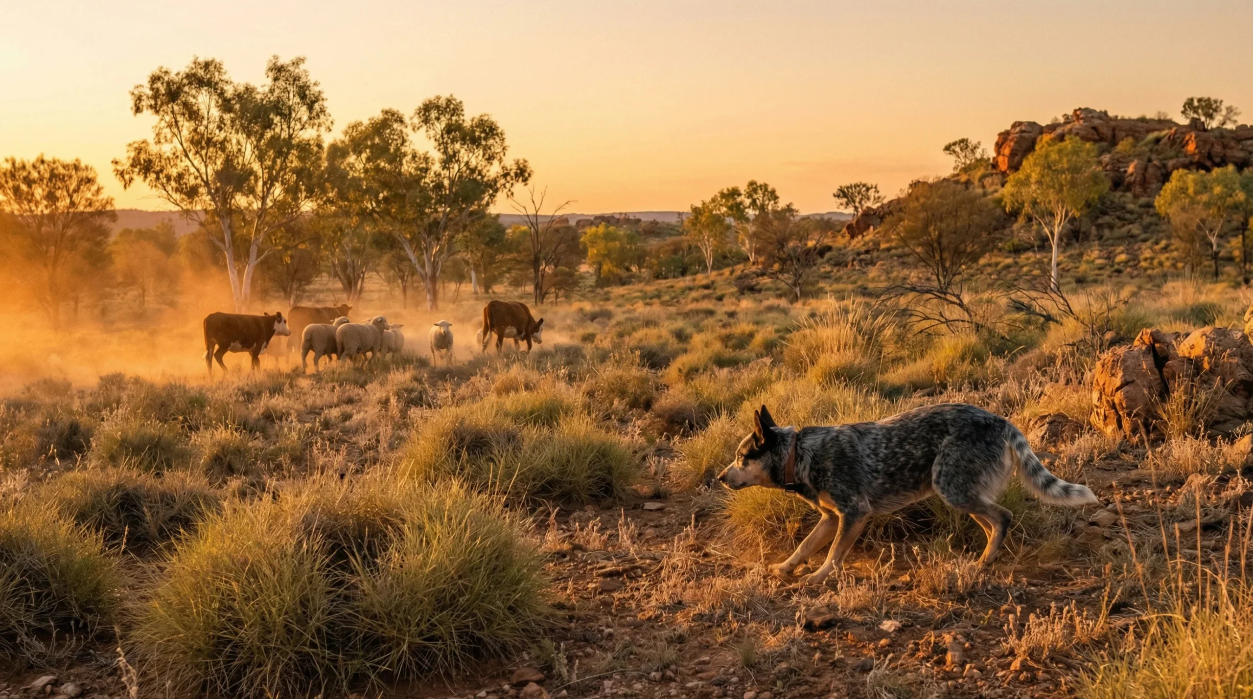 Australian cattle dog herding livestock in rural Australia showing natural working instincts