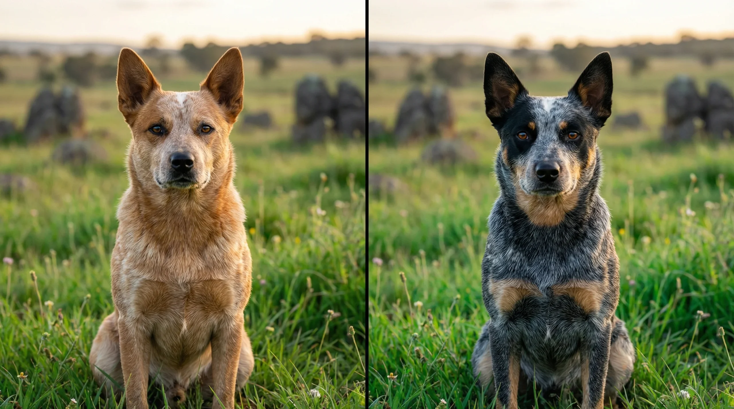 Australian cattle dog vs blue heeler coat colour comparison showing red heeler and blue heeler side by side
