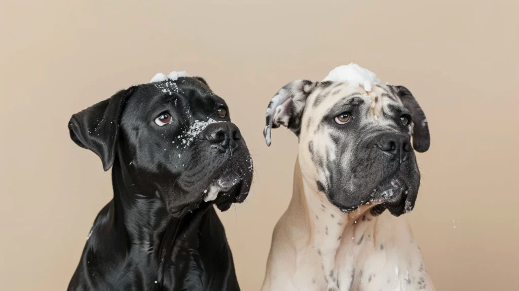 Cane Corso vs Dogo Argentino with shampoo lather on their heads and faces during grooming
