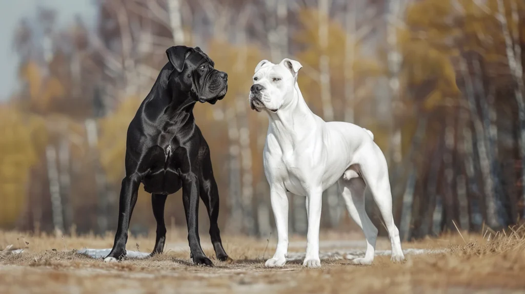 Cane Corso vs Dogo Argentino standing side by side outdoors, visually comparing two powerful dog breeds