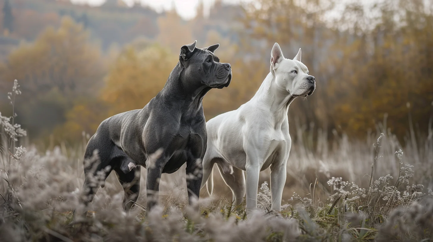 Cane Corso and Dogo Argentino standing side by side in an autumn field, showcasing the physical differences between the two breeds